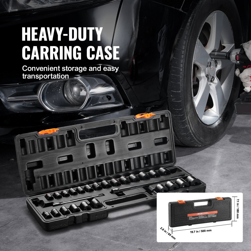 VEVOR Set di bussole a percussione da 3/8", Set di bussole piatte da 29 pezzi SAE 3/8-1" metrico 8-22 mm, Acciaio legato CR-V a 6 punti per riparazione auto, Kit di attrezzi con scatola portabile