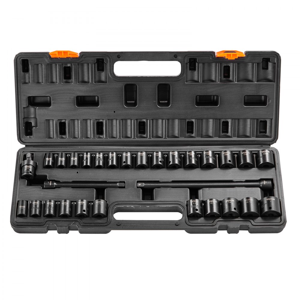 VEVOR Set di bussole a percussione da 3/8", Set di bussole piatte da 29 pezzi SAE 3/8-1" metrico 8-22 mm, Acciaio legato CR-V a 6 punti per riparazione auto, Kit di attrezzi con scatola portabile
