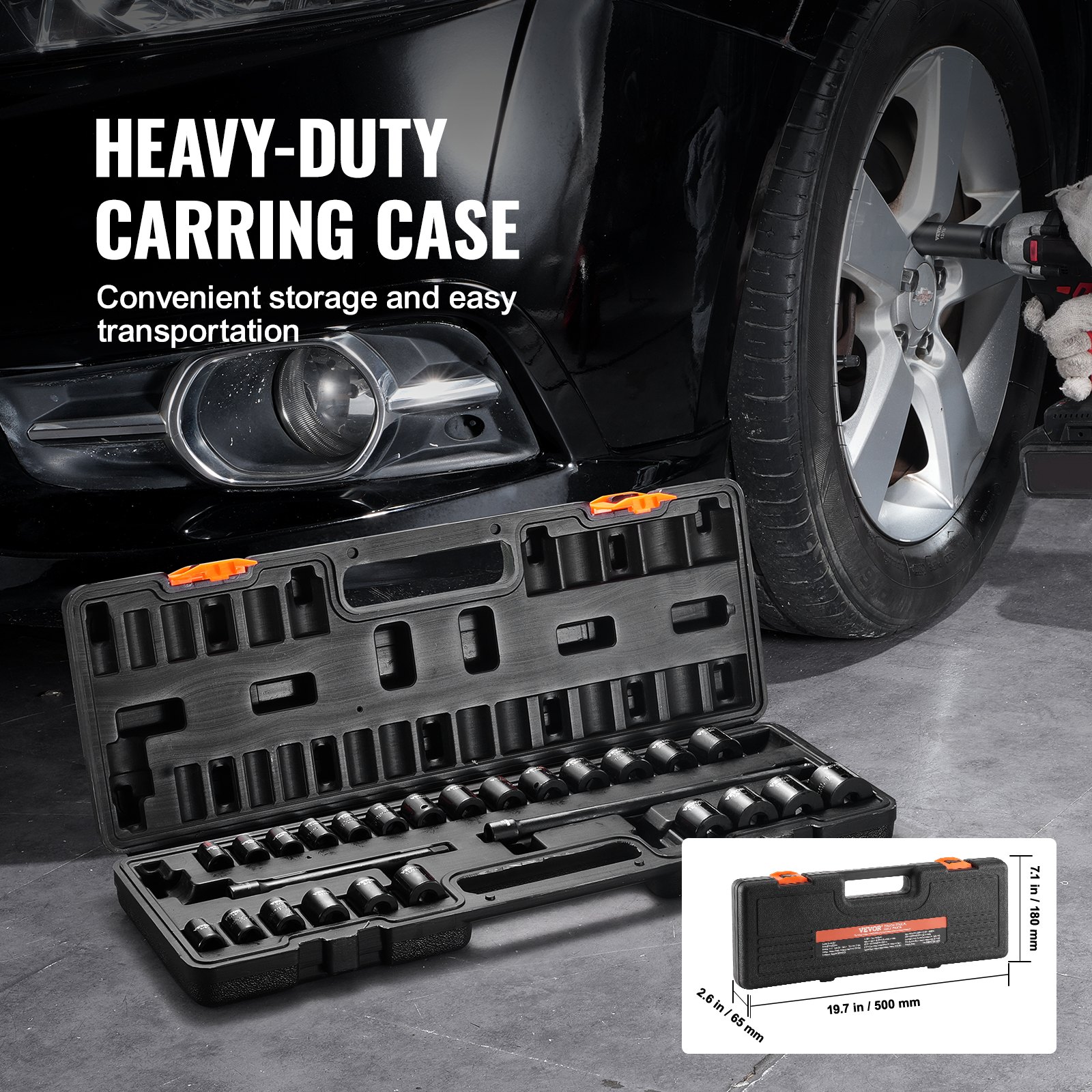 VEVOR Set di bussole a percussione da 3/8", Set di bussole piatte da 29 pezzi SAE 3/8-1" metrico 8-22 mm, Acciaio legato CR-V a 6 punti per riparazione auto, Kit di attrezzi con scatola portabile