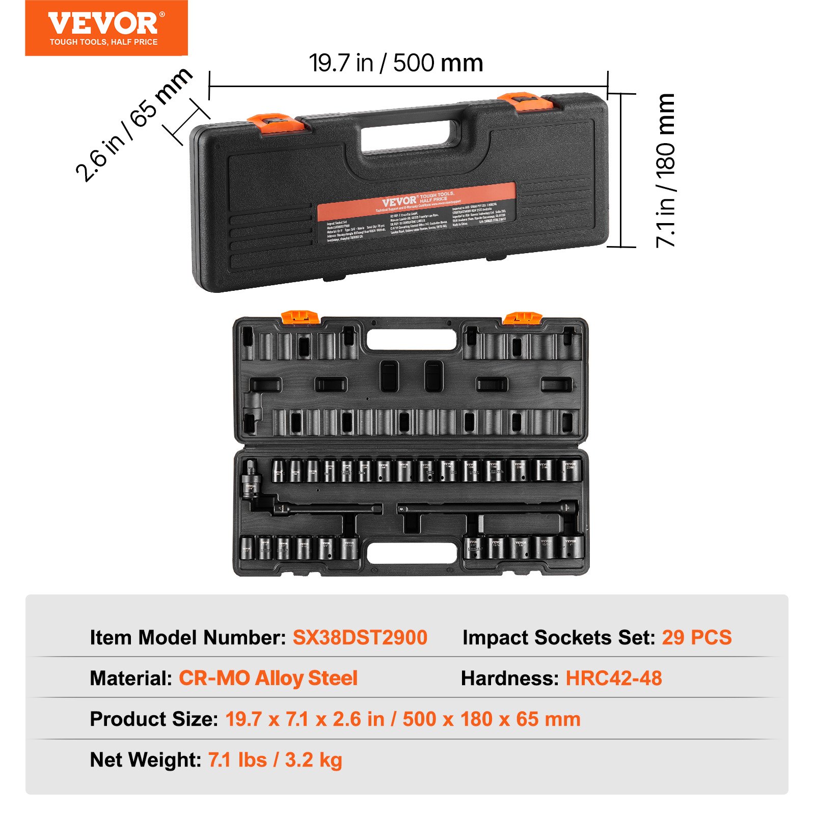 VEVOR Set di bussole a percussione da 3/8", Set di bussole piatte da 29 pezzi SAE 3/8-1" metrico 8-22 mm, Acciaio legato CR-V a 6 punti per riparazione auto, Kit di attrezzi con scatola portabile