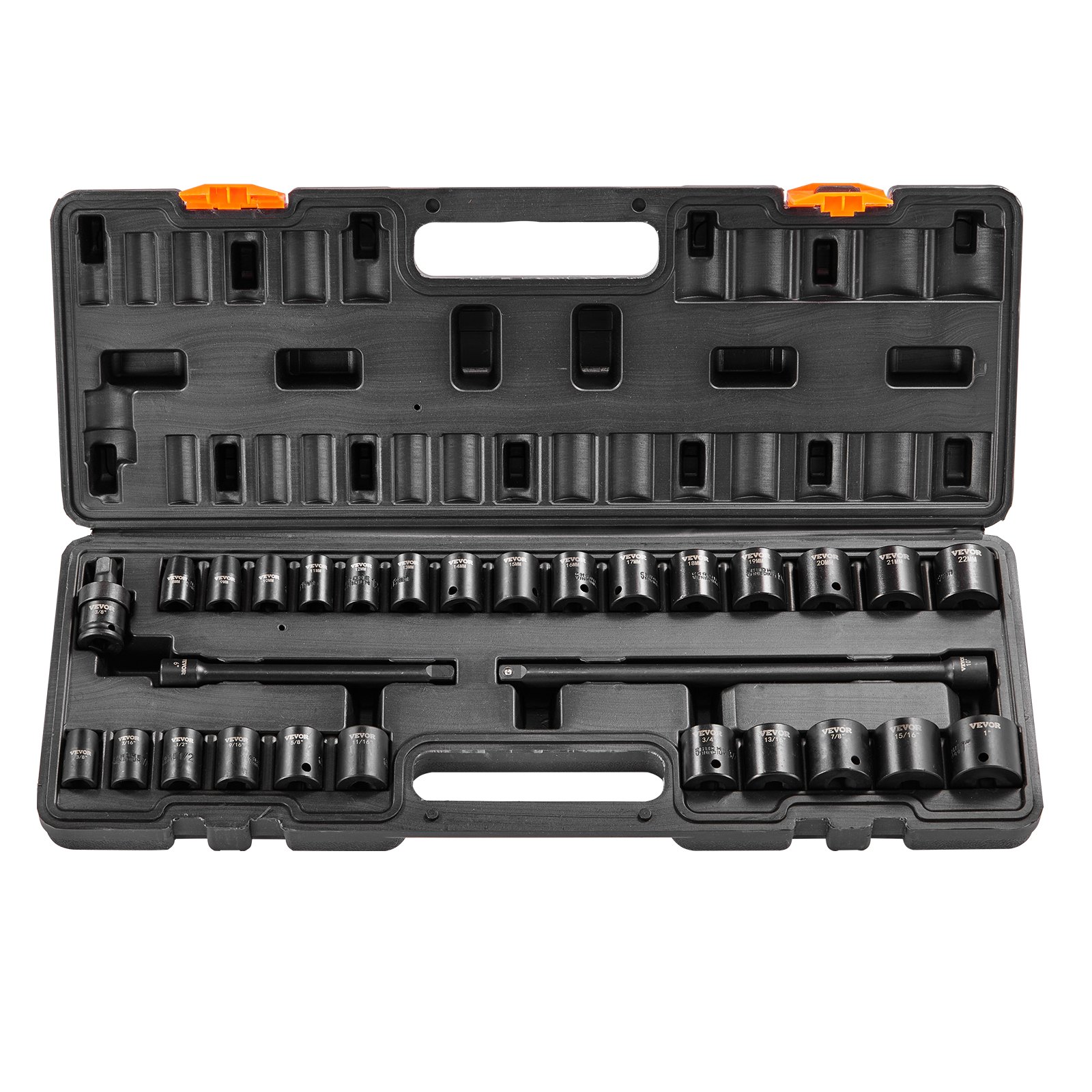 VEVOR Set di bussole a percussione da 3/8", Set di bussole piatte da 29 pezzi SAE 3/8-1" metrico 8-22 mm, Acciaio legato CR-V a 6 punti per riparazione auto, Kit di attrezzi con scatola portabile
