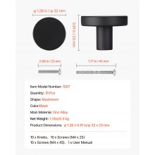 VEVOR Pomelli per Mobili, 10 Pezzi, Maniglie per Cassetti e Porte in Lega di Zinco, Pomelli Solidi a Forma di Fungo, Ferramenta per Armadietti con Viti per Bagno e Cucina, Nero, 32 mm