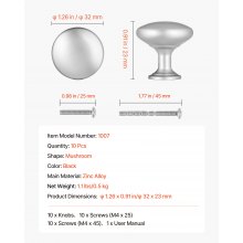 VEVOR Pomelli per Mobili, 25 Pezzi, Maniglie per Cassetti e Porte in Lega di Zinco, Pomelli Solidi a Forma di Fungo, Ferramenta per Armadietti con Viti per Bagno e Cucina, 28 mm Colore Nichel