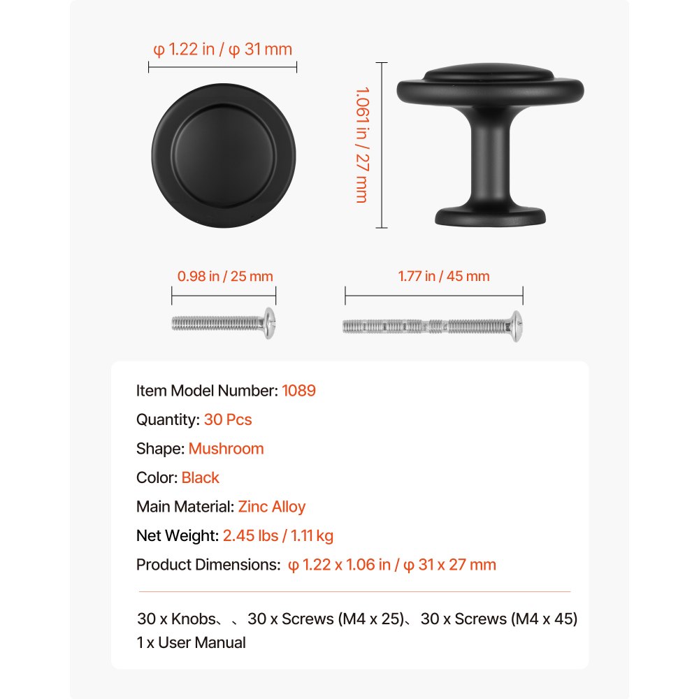 VEVOR Pomelli per Mobili, 30 Pezzi, Maniglie per Cassetti e Porte in Lega di Zinco, Pomelli Solidi a Forma di Fungo, Ferramenta per Armadietti con Viti per Bagno e Cucina, 31 mm Colore Nero