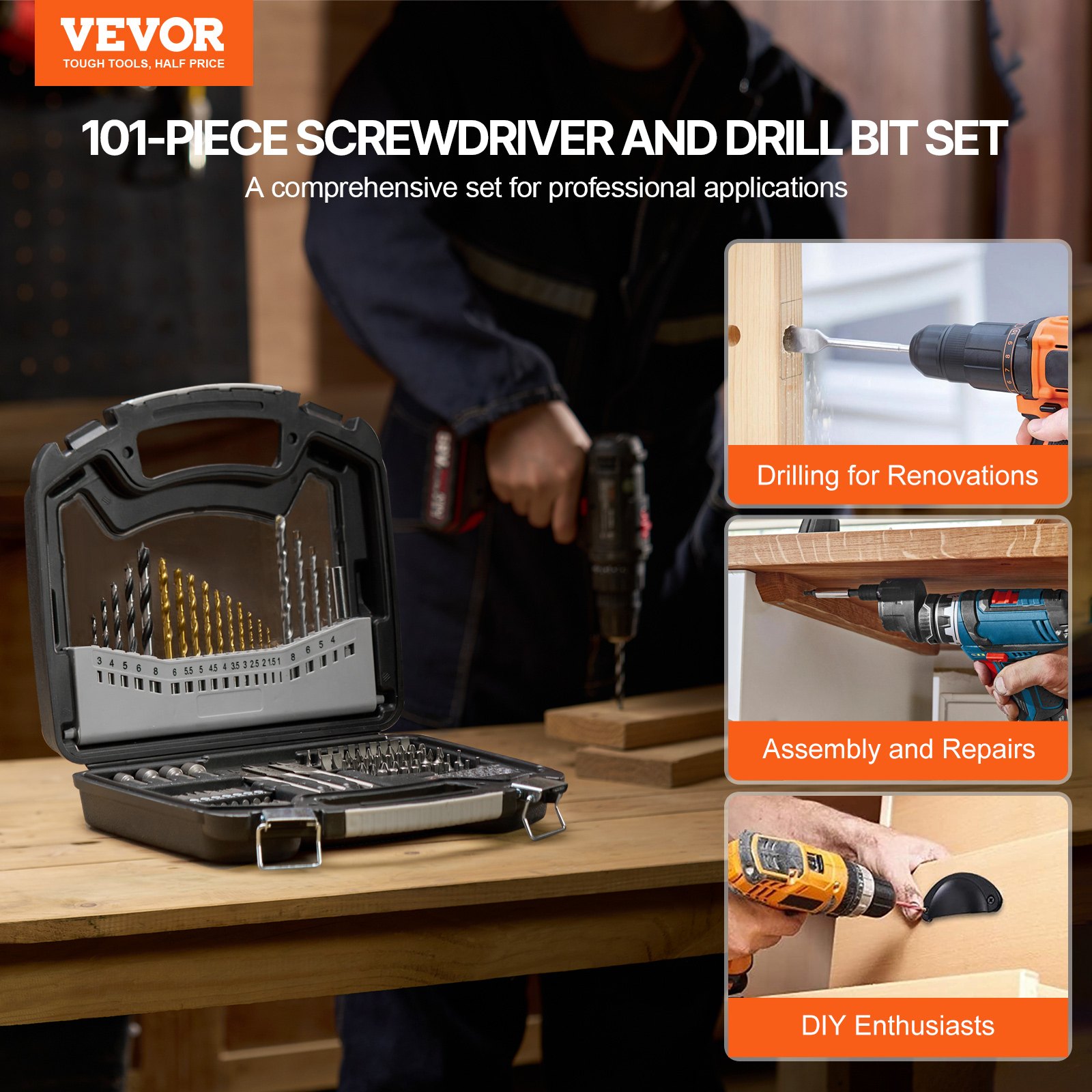 VEVOR 101-piece drill bit set, drill and screwdriver bit set, suitable for drilling and screwdriving in wood, metal and cement, combination drill bit set sorted in an organized carrying case