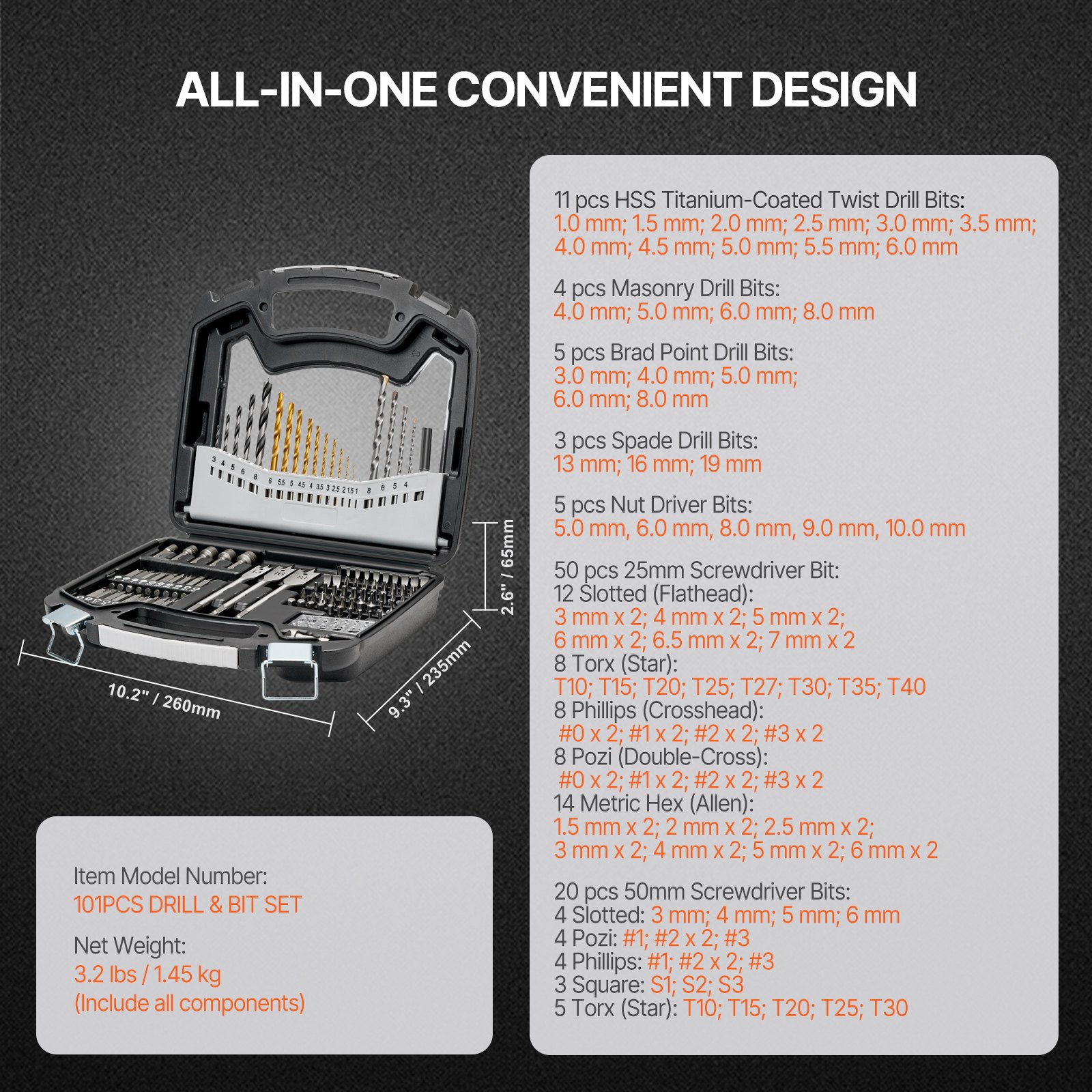 VEVOR 101-piece drill bit set, drill and screwdriver bit set, suitable for drilling and screwdriving in wood, metal and cement, combination drill bit set sorted in an organized carrying case