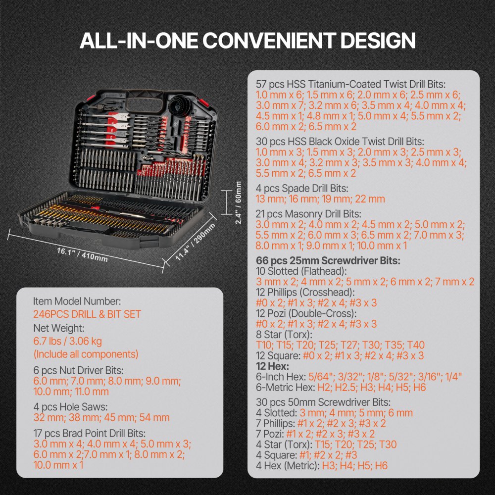 VEVOR Set di Punte da Trapano 246 Pezzi, Set di Punte da Trapano e Cacciavite, Set di Punte da Cacciavite Adatte per Foratura di Metallo, Kit Combinato Assortiti in Custodia per Trasporto Organizzata