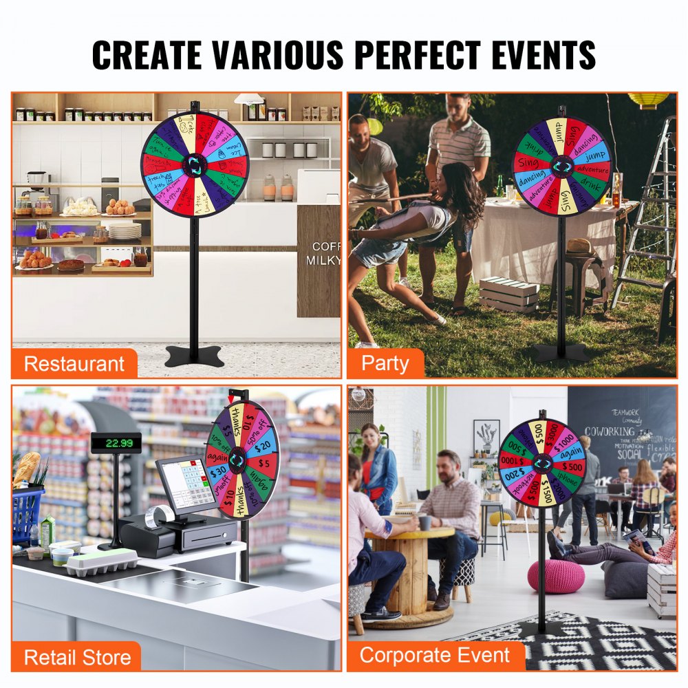 VEVOR 601 mm Lucky Wheel, 14-Sided Roulette Wheel with Dry-Erase Pen & 2 Markers, Height-Adjustable Spinning Wheel, Lucky Wheel Lottery Games for Parties and Pubs