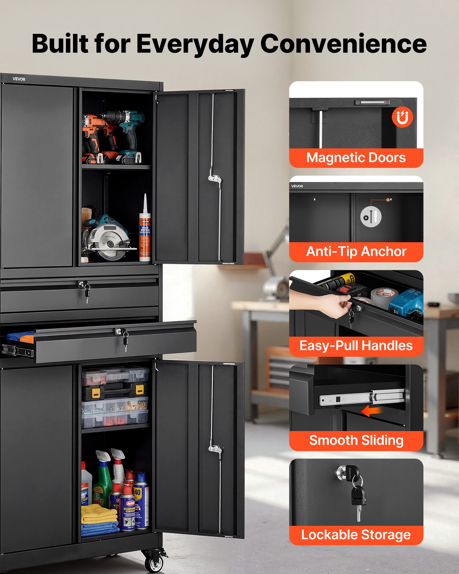 VEVOR Armadio Portaoggetti in Metallo con Ruote, Armadio Portautensili, Capacità di Carico per Ripiano 81,5 kg, Altezza 190,5 cm, 4 Ante con Serratura e Ripiani Regolabili, 2 Cassetti, per Garage Casa