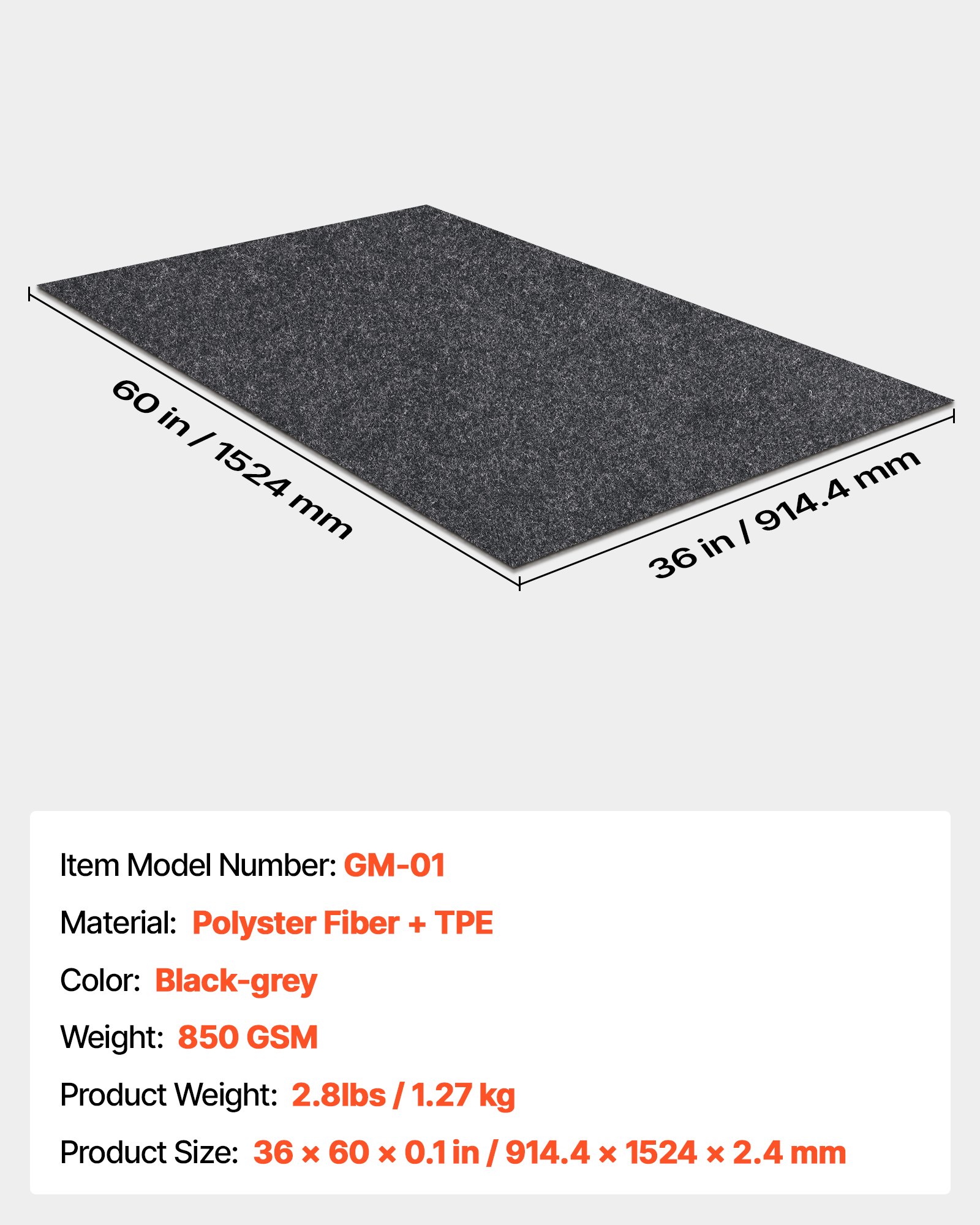 VEVOR Garage Floor Mat 914.4 x 1524 x 2.4 mm Workshop Floor 820-850 g/m² Garage Floor Felt & TPE Oil Absorbing Mat Garage Mat Service Mat Floor Protection Floor Panels for Garage