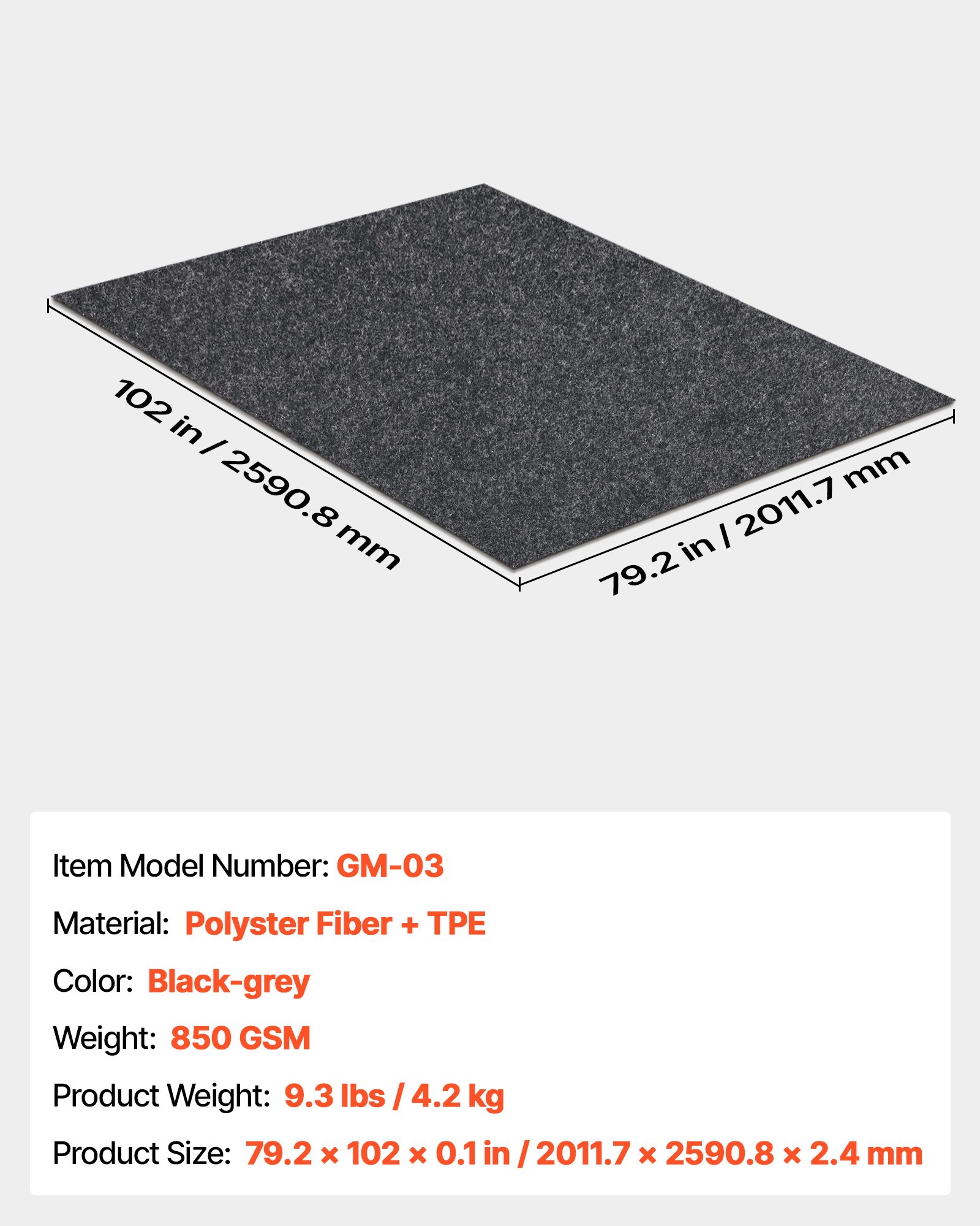 VEVOR Garage Floor Mat 2011.7 x 2590.8 x 2.4 mm Workshop Floor 820-850 g/m² Garage Floor Felt & TPE Oil Absorbing Mat Garage Mat Service Mat Floor Protection Floor Panels for Garage