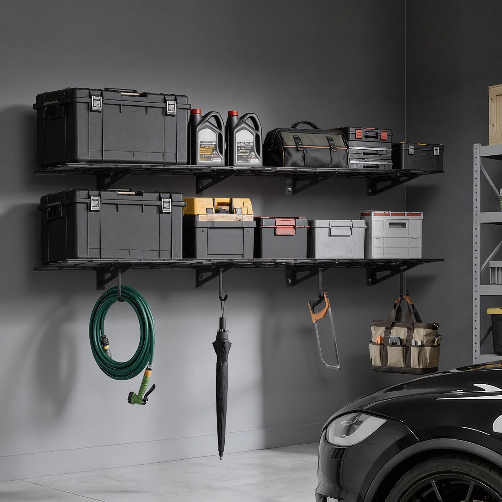VEVOR Scaffale da Parete per Garage Portaoggetti 2 pezzi 183x31,5x12,2 cm, Scaffale a Griglia da Muro per Garage Lavanderia Officina Carico Singolo max. 136 kg, Rete da Parete Portaoggetti, Nero