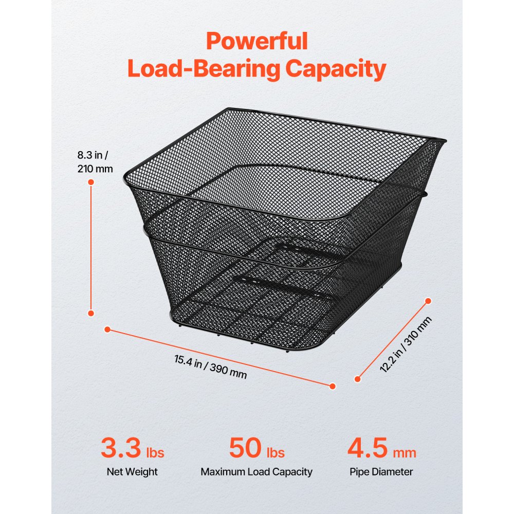 VEVOR Cestino Posteriore per Bici Medio, con Rete di Carico e Copertura Impermeabile, Cestino Posteriore per Trasportare Frutta Alimentari, Strumenti di Montaggio Inclusi 390 x 310 x 210 mm