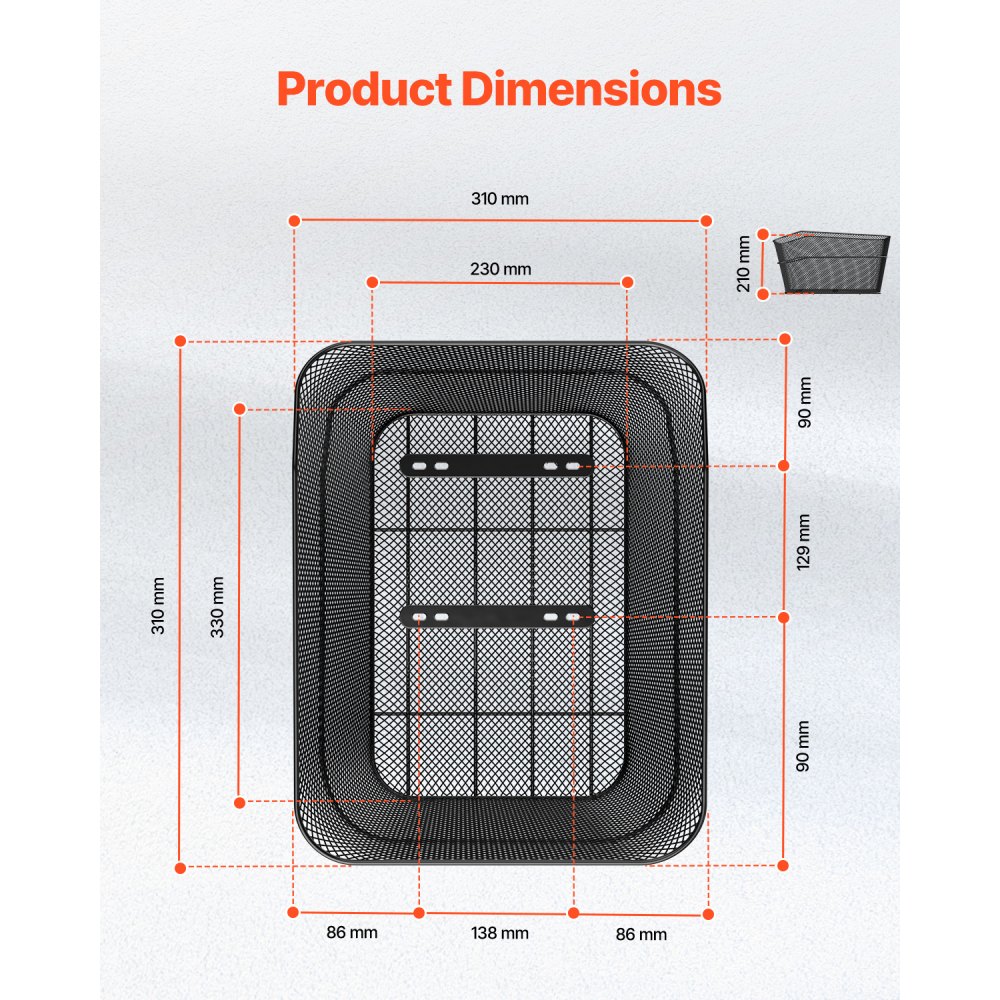 VEVOR Cestino Posteriore per Bici Medio, con Rete di Carico e Copertura Impermeabile, Cestino Posteriore per Trasportare Frutta Alimentari, Strumenti di Montaggio Inclusi 390 x 310 x 210 mm