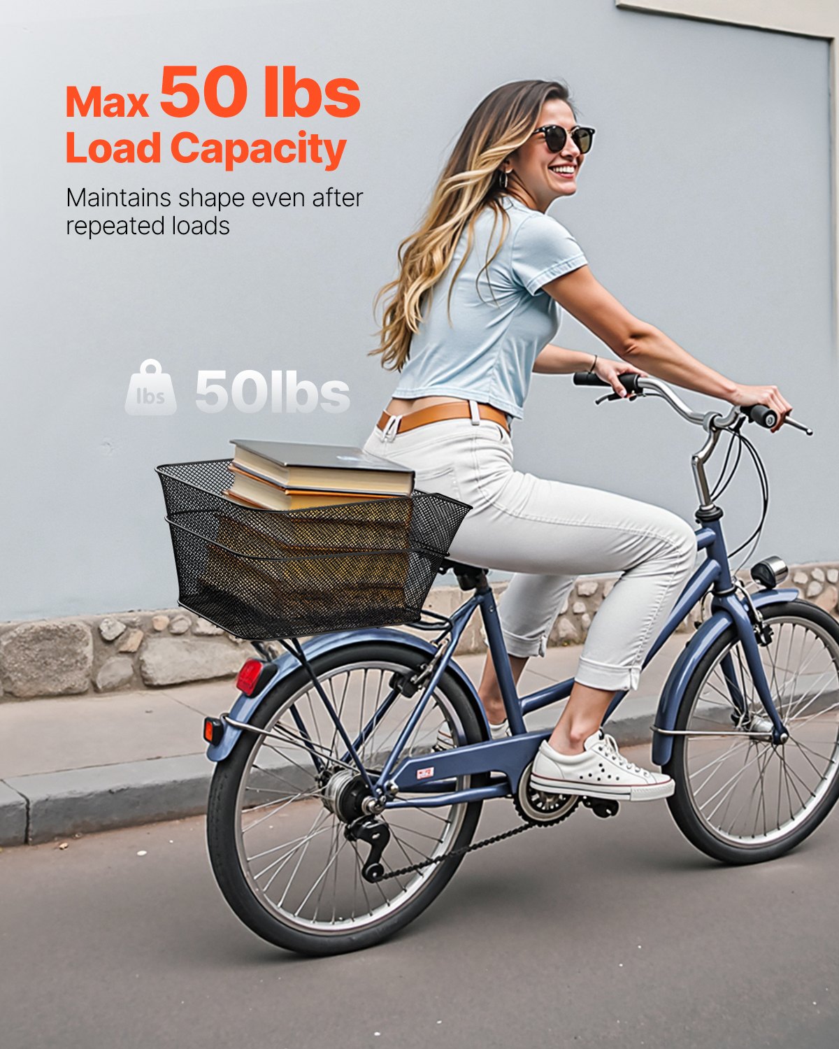 VEVOR Rear Bicycle Basket 39x31x21 cm, Wire Mesh Rear Basket with Cargo Net & Cover, Luggage Carrier Basket, Fits Most Bicycle Racks, Mounting Tool Included