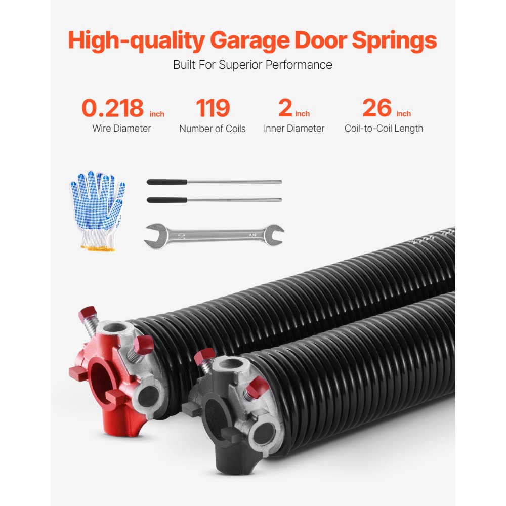 VEVOR Torsion Springs for Garage Doors (Φ 5.54 x Φ 50.8 x 668 mm) 16000 cycles, black coated, replacement, garage door springs with non-slip winding rods, gloves, and mounting wrench