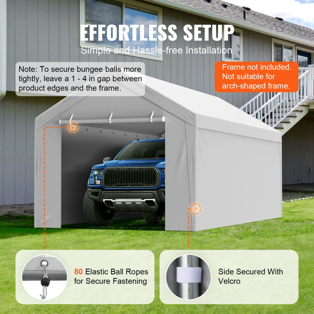 VEVOR Carport Garage Tent, top + side wall 3 x 6 m, garage tent shelter tarpaulin, waterproof and UV-protected, easy installation with tension straps, white (frame not included)