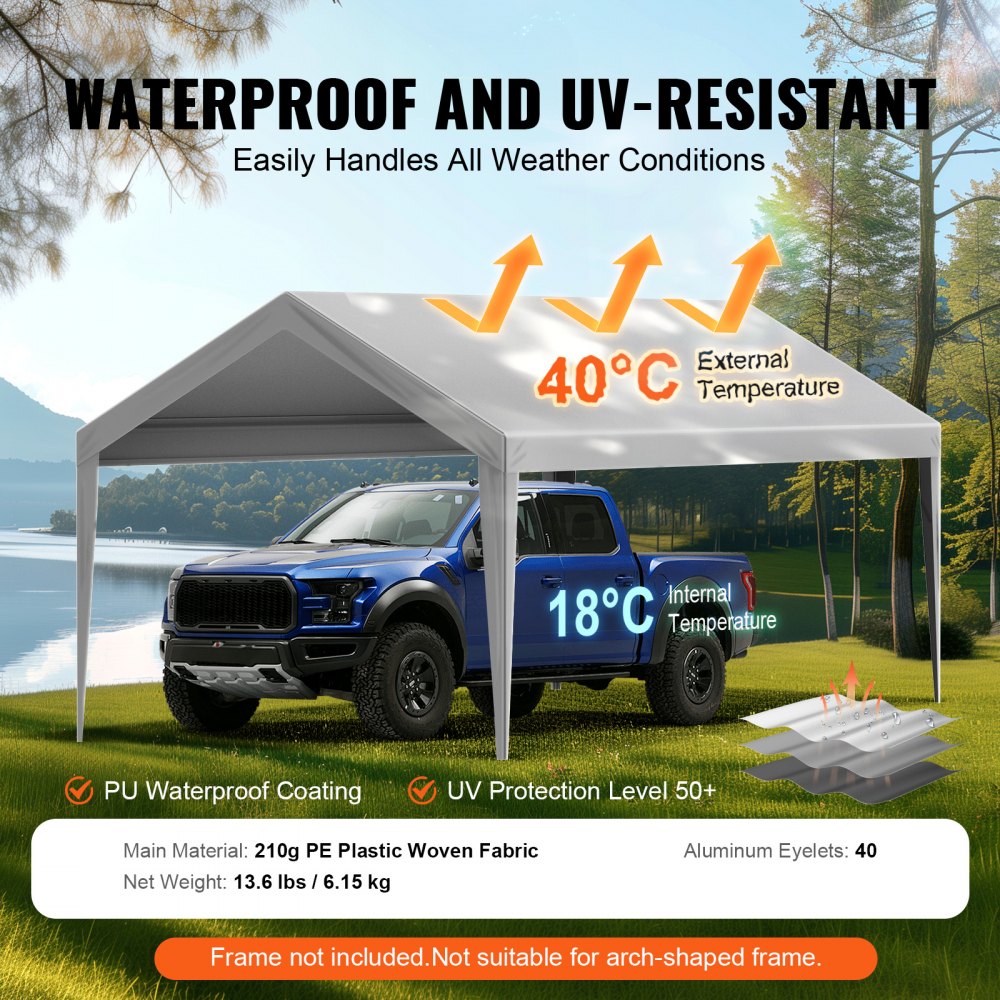 VEVOR Tendalino di ricambio per posto auto coperto 304,8x609,6cm, telo per tenda da garage, impermeabile e protetto dai raggi UV (solo copertura superiore, telaio non incluso)