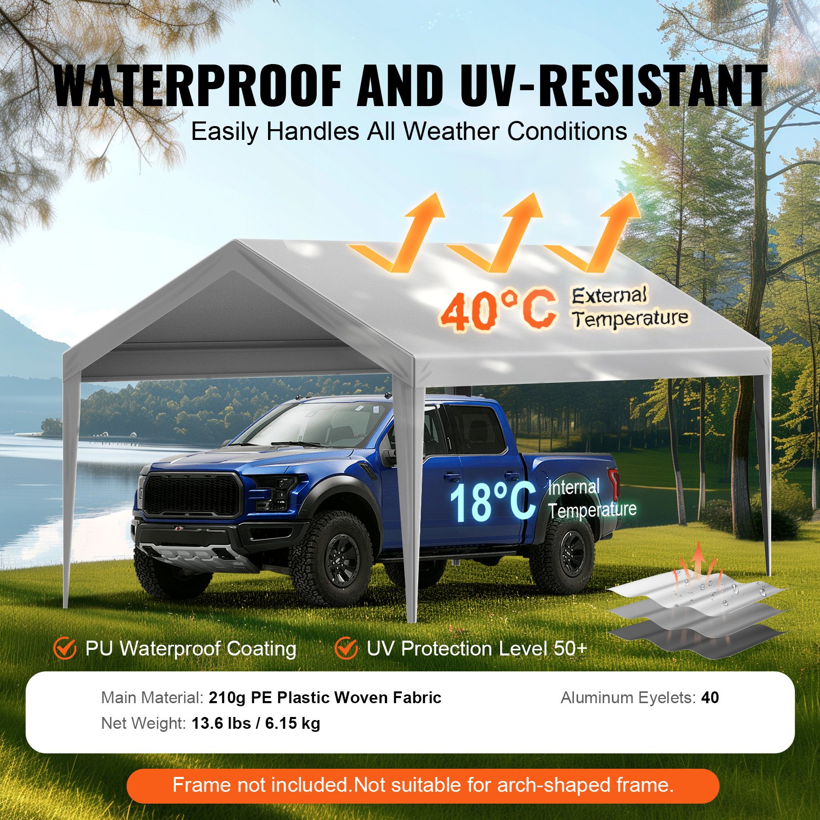 VEVOR Tendalino di ricambio per posto auto coperto 304,8x609,6cm, telo per tenda da garage, impermeabile e protetto dai raggi UV (solo copertura superiore, telaio non incluso)