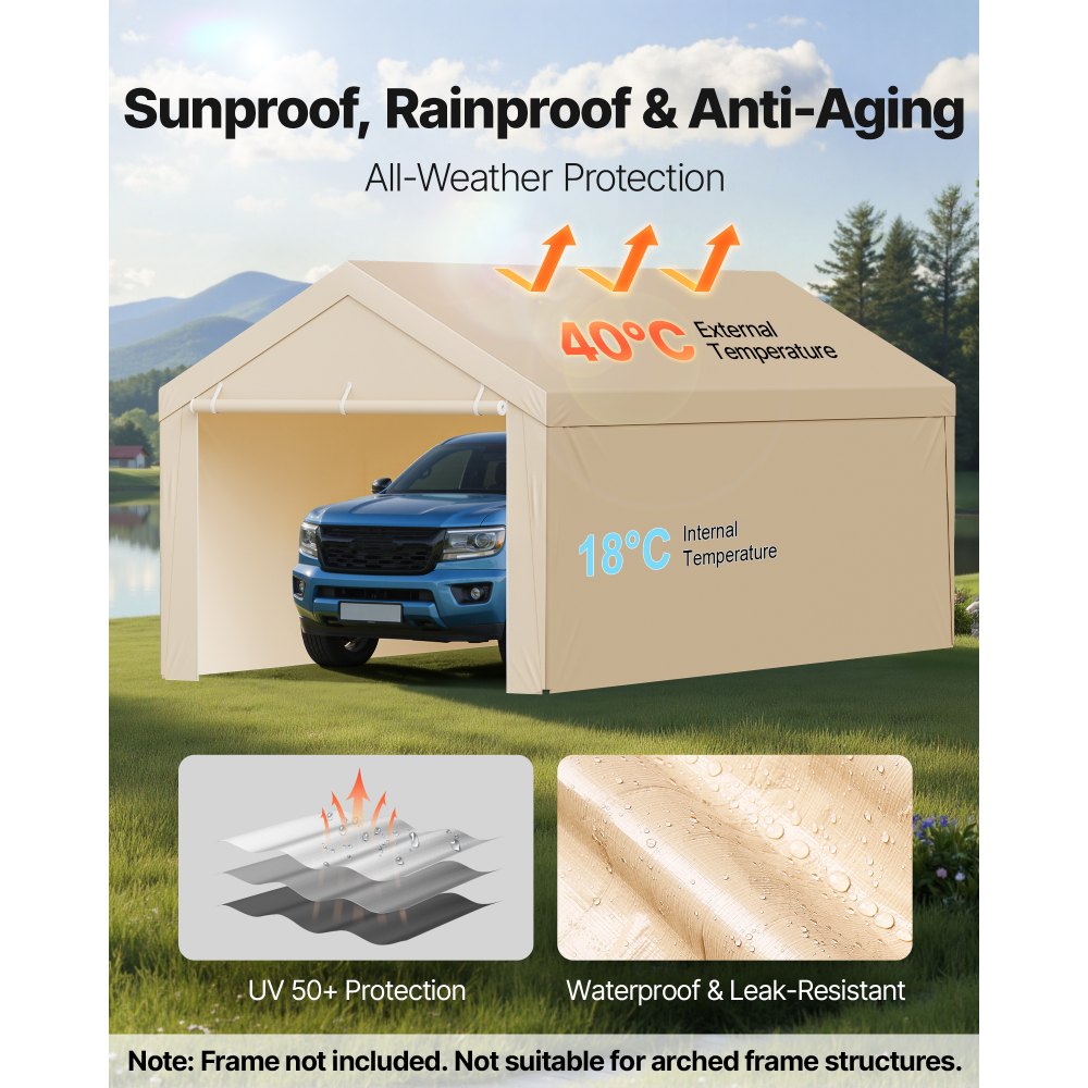 VEVOR Tettoia per Posto Auto Coperto, Telo Superiore per Tenda da Garage con Pareti Laterali 6,0 x 2,87 m, Resistente ai Raggi UV Impermeabile, con Passeggini a Sfera, Telaio non Incluso, Beige