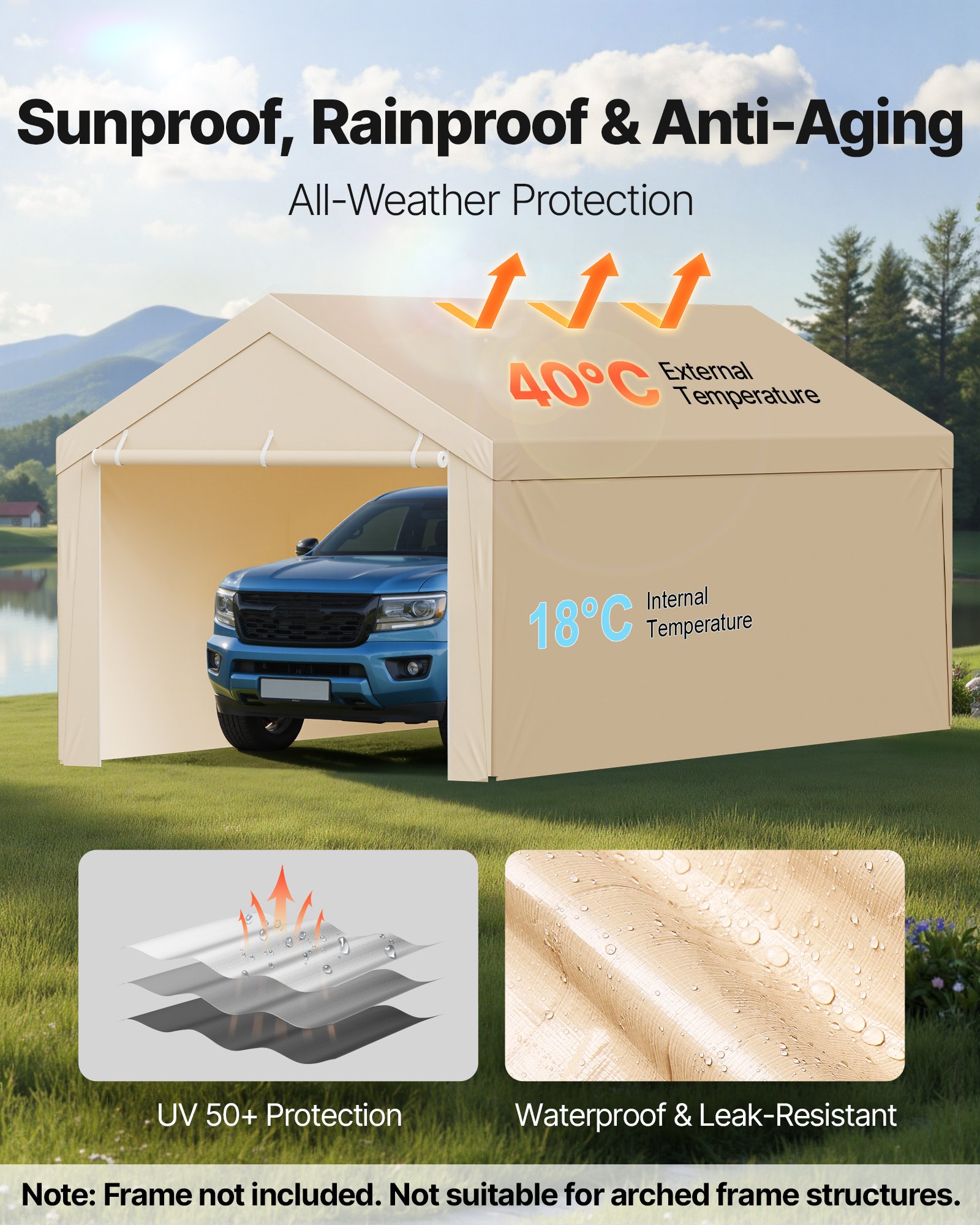 VEVOR Tettoia per Posto Auto Coperto, Telo Superiore per Tenda da Garage con Pareti Laterali 6,0 x 2,87 m, Resistente ai Raggi UV Impermeabile, con Passeggini a Sfera, Telaio non Incluso, Beige