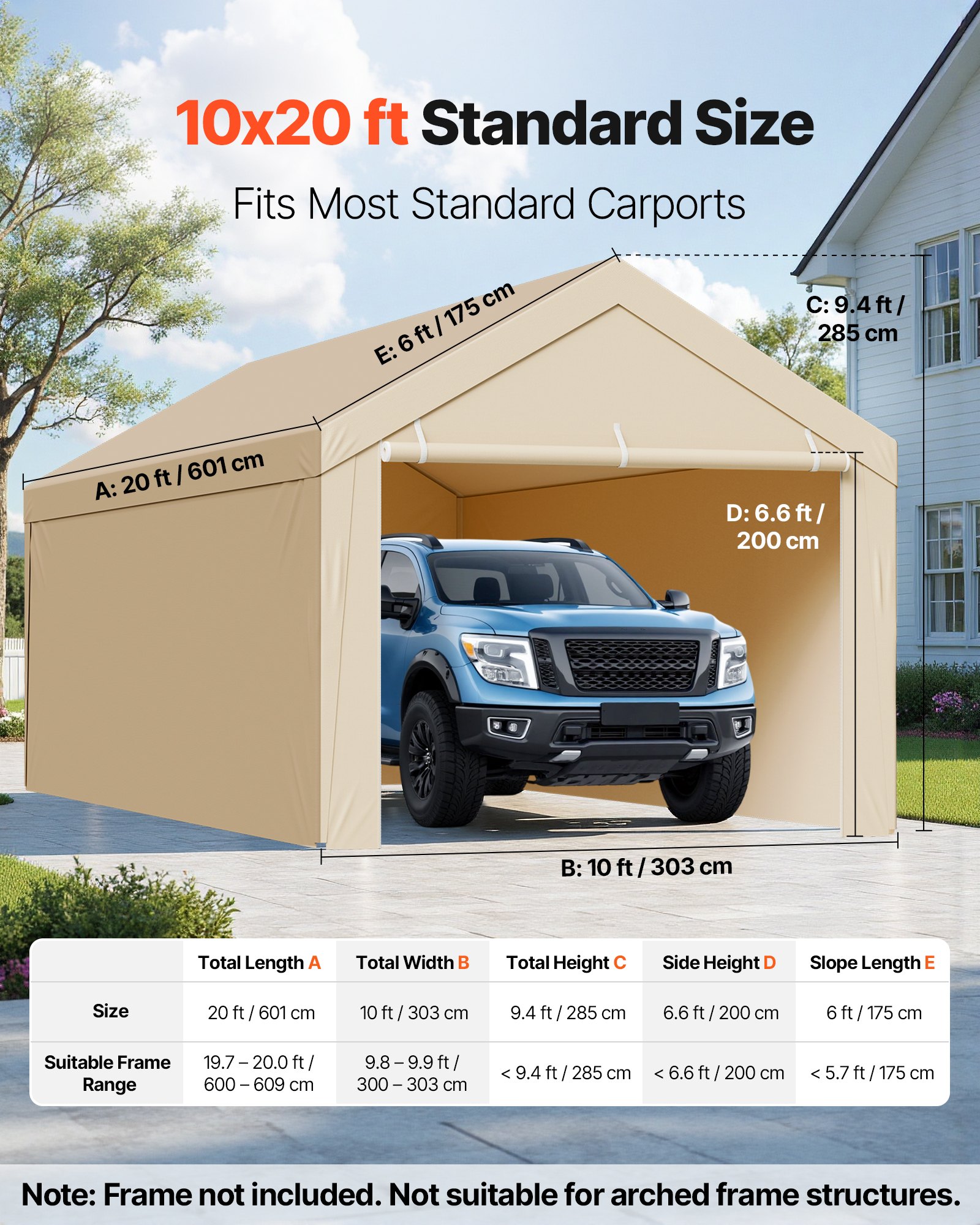 VEVOR Tettoia per Posto Auto Coperto, Telo Superiore per Tenda da Garage con Pareti Laterali 6,0 x 2,87 m, Resistente ai Raggi UV Impermeabile, con Passeggini a Sfera, Telaio non Incluso, Beige