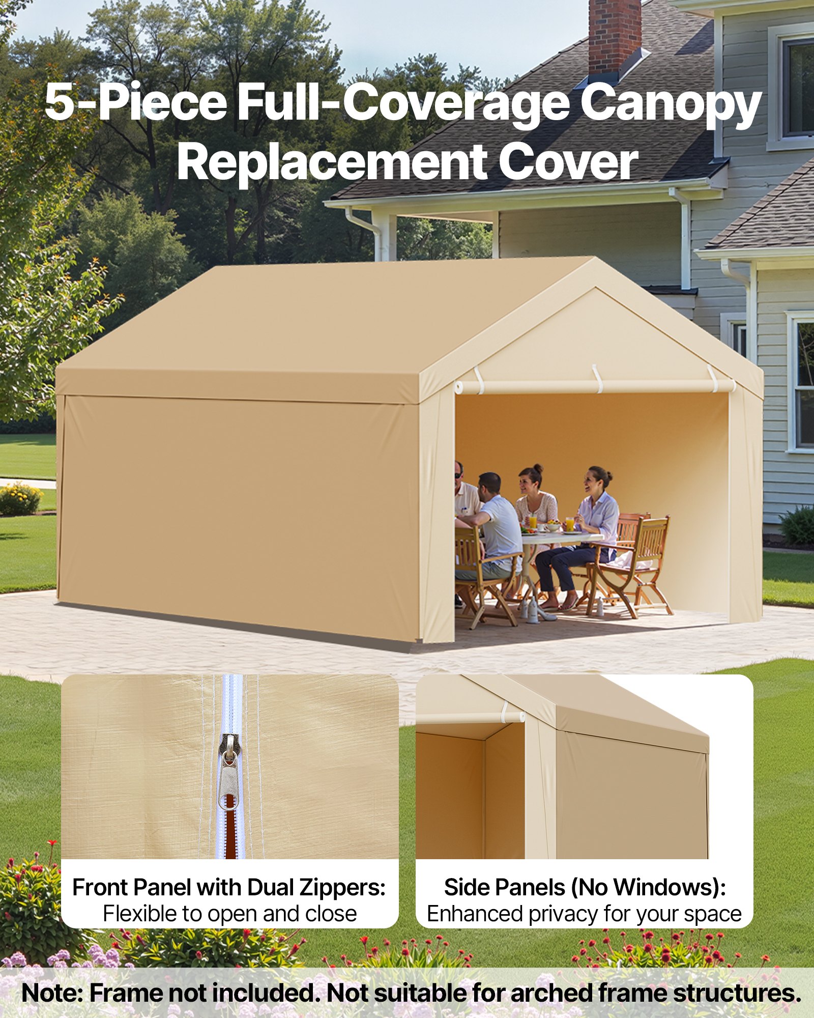 VEVOR Tettoia per Posto Auto Coperto, Telo Superiore per Tenda da Garage con Pareti Laterali 6,0 x 2,87 m, Resistente ai Raggi UV Impermeabile, con Passeggini a Sfera, Telaio non Incluso, Beige