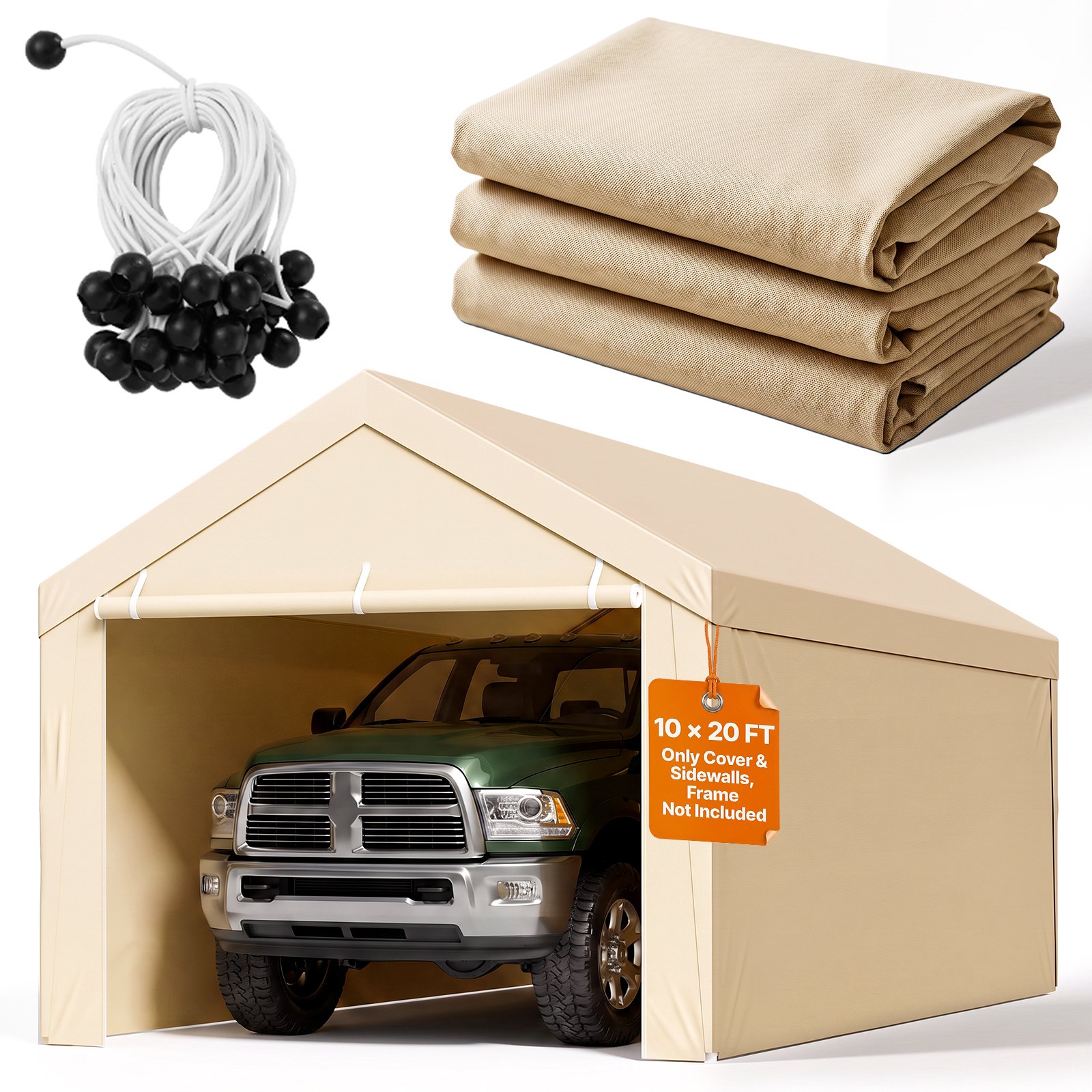VEVOR Tettoia per Posto Auto Coperto, Telo Superiore per Tenda da Garage con Pareti Laterali 6,0 x 2,87 m, Resistente ai Raggi UV Impermeabile, con Passeggini a Sfera, Telaio non Incluso, Beige