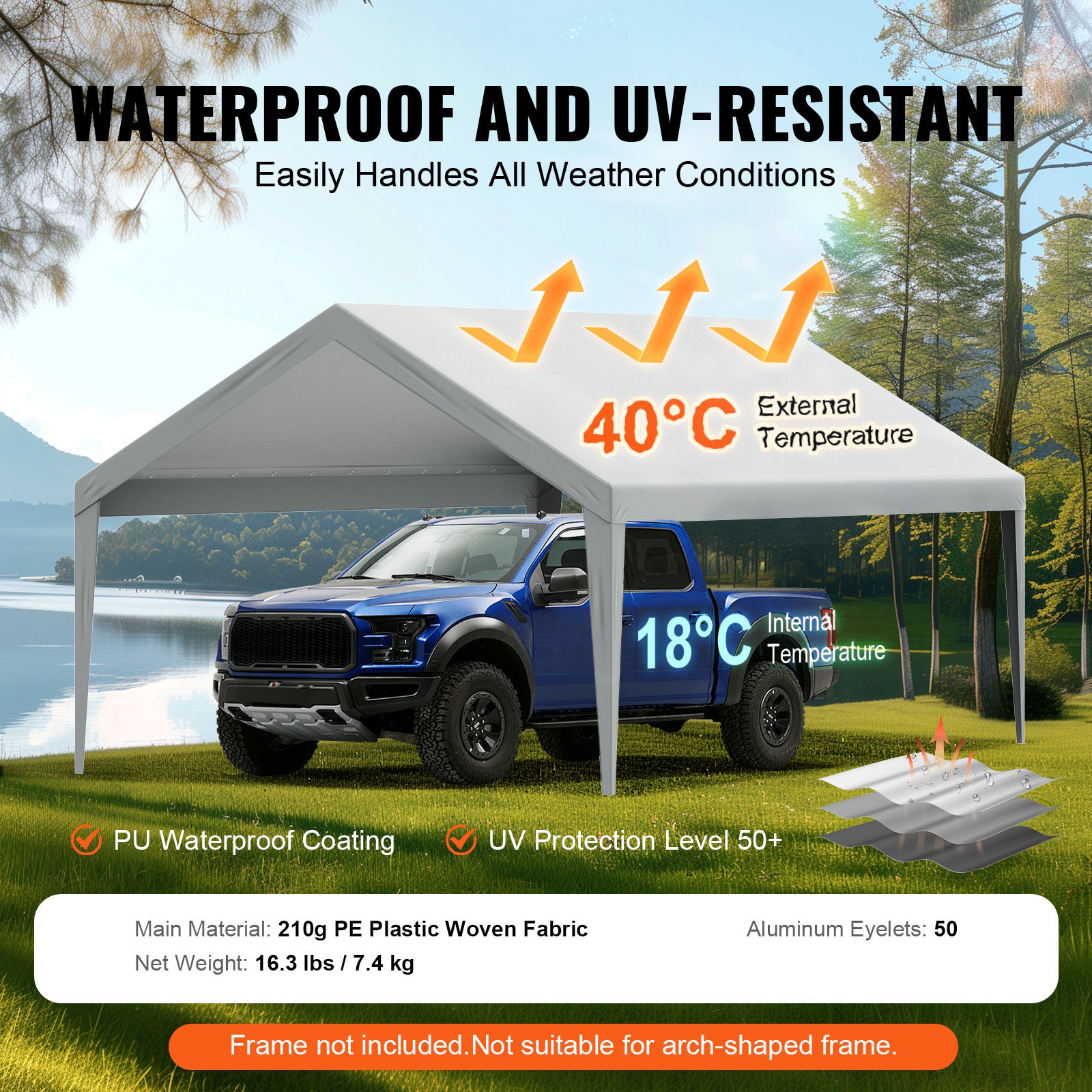 VEVOR Garage Tent, 3.9 x 6.1 m, Garage Roof Tent, Shelter Tarp, Waterproof and UV-Protected, Easy Installation with Tension Straps, Gray (Roof Cover Only, Frame Not Included)