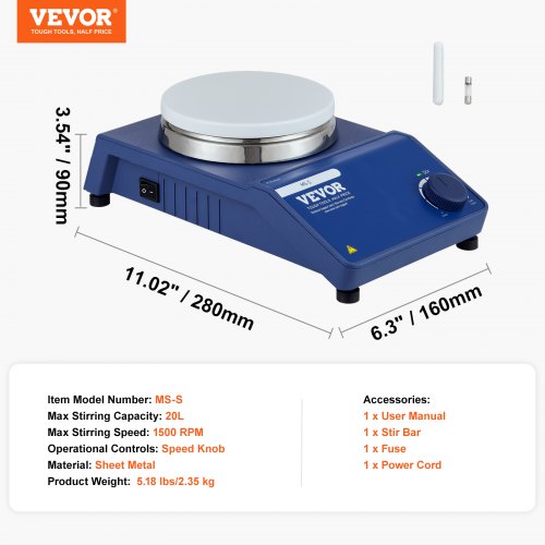 Agitatore Magnetico VEVOR - 2000 RPM, Capacità 3000 Ml, Velocità Regolabile Con Manopola - Kit Con Barra Agitatrice Inclusa, XLD-C1