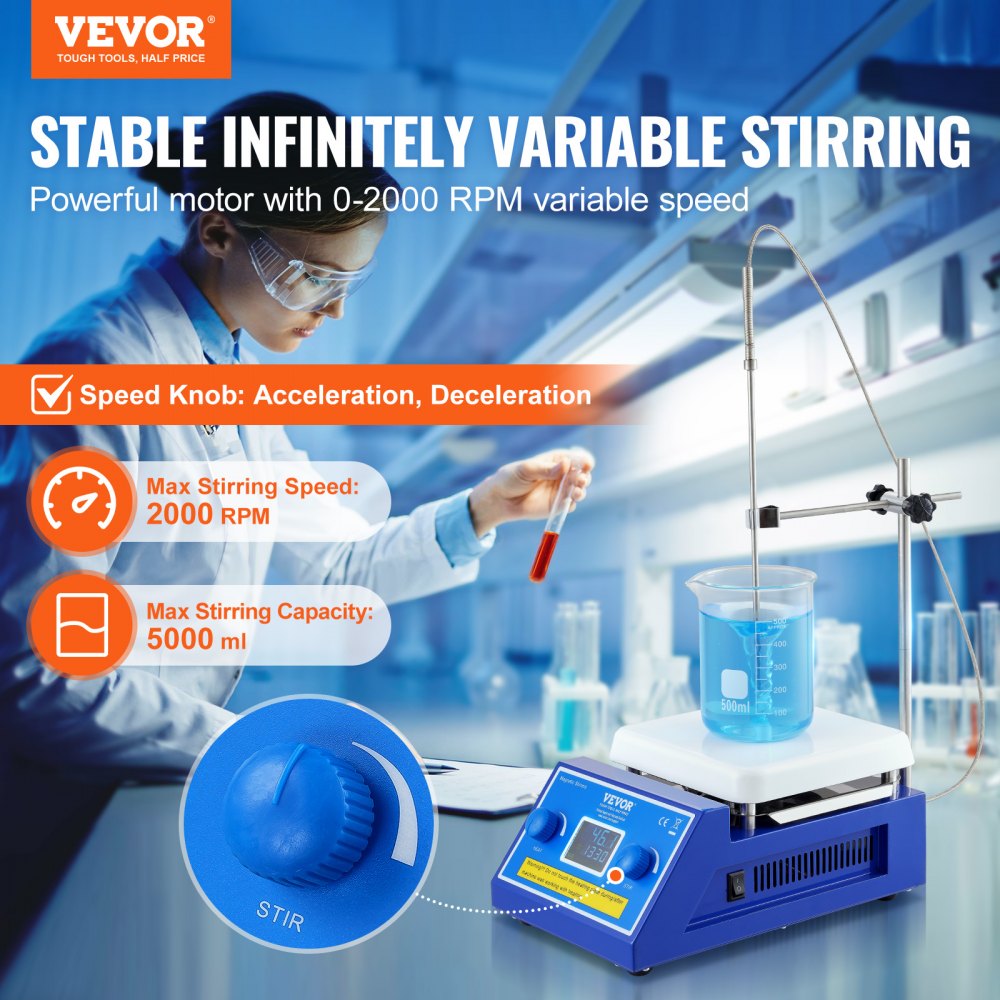 VEVOR Piastra Riscaldante con Agitatore Magnetico, Max 300°C/572°F, 0-2000 RPM con Agitatore Magnetico, Agitatore Riscaldante da 5000 ml con Schermo LED, Potenza di Riscaldamento 500 W