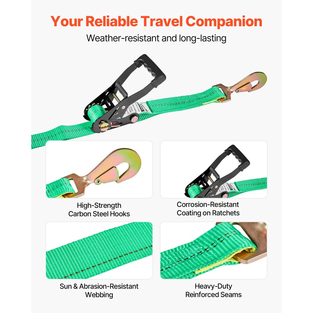 VEVOR Cinghie di Fissaggio per Pneumatici 50,8 x 2438,4 mm con Gancio a Molla Resistenza alla Trazione di 4540 kg Capacità di Carico di 1512 kg, Cinghie di Tensionamento per Pneumatici, Verde