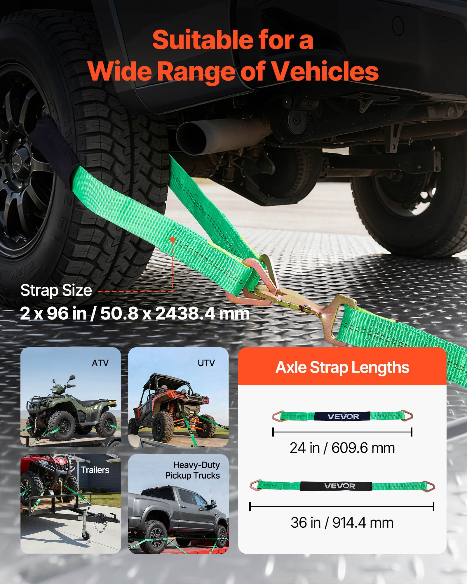 VEVOR Cinghie di Fissaggio per Pneumatici 50,8 x 2438,4 mm con Gancio a Molla Resistenza alla Trazione di 4540 kg Capacità di Carico di 1512 kg, Cinghie di Tensionamento per Pneumatici, Verde