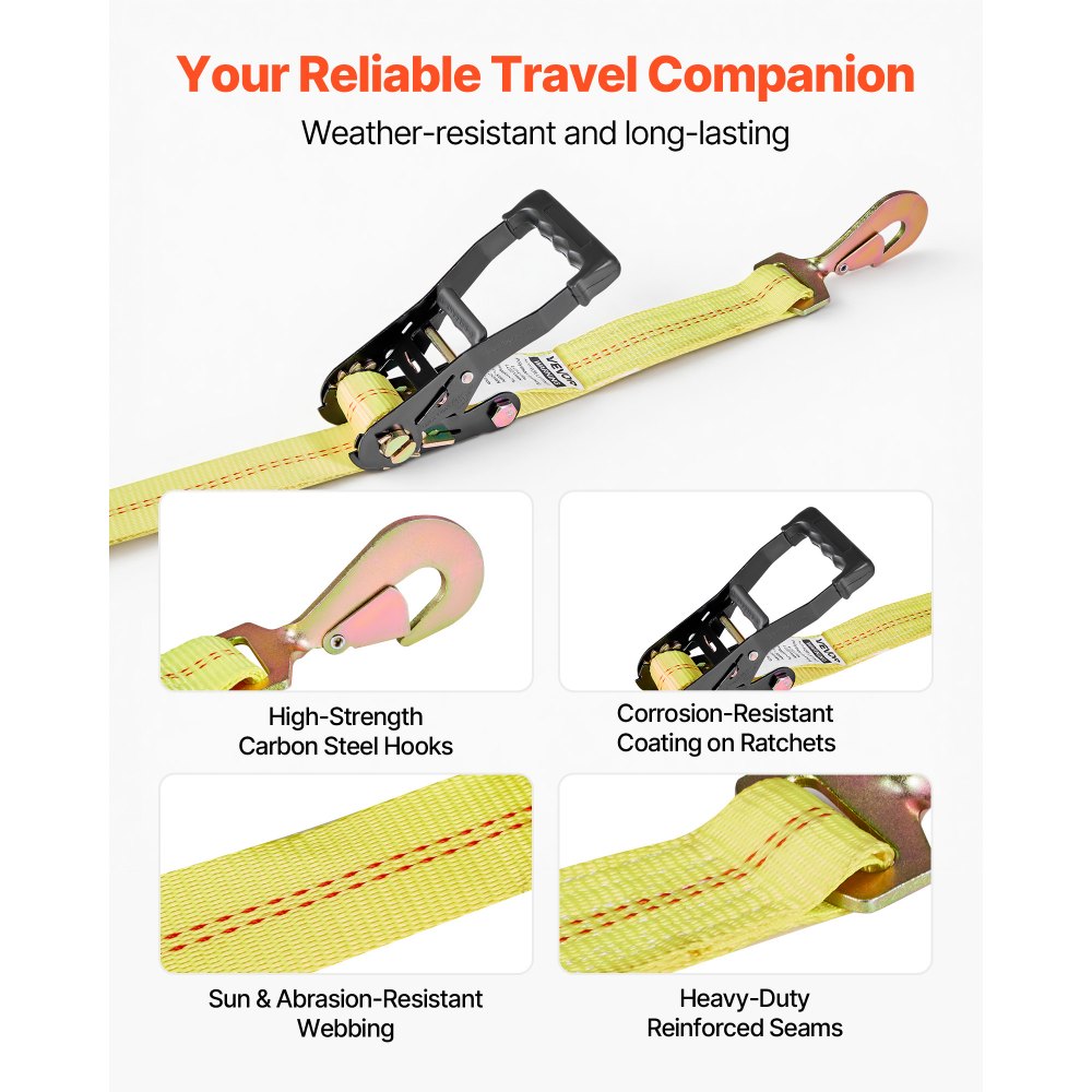 VEVOR Cinghie di Fissaggio per Pneumatici di Rimorchio 50,8 x 2438,4 mm con Gancio a Molla e Resistenza alla Trazione di 4540 kg e Capacità di Carico di 1512 kg, per SUV, Rimorchi, Giallo