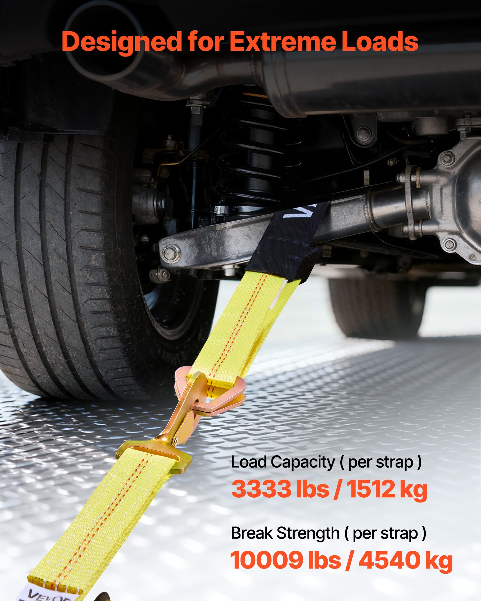 VEVOR Cinghie di Fissaggio per Pneumatici di Rimorchio 50,8 x 2438,4 mm con Gancio a Molla e Resistenza alla Trazione di 4540 kg e Capacità di Carico di 1512 kg, per SUV, Rimorchi, Giallo