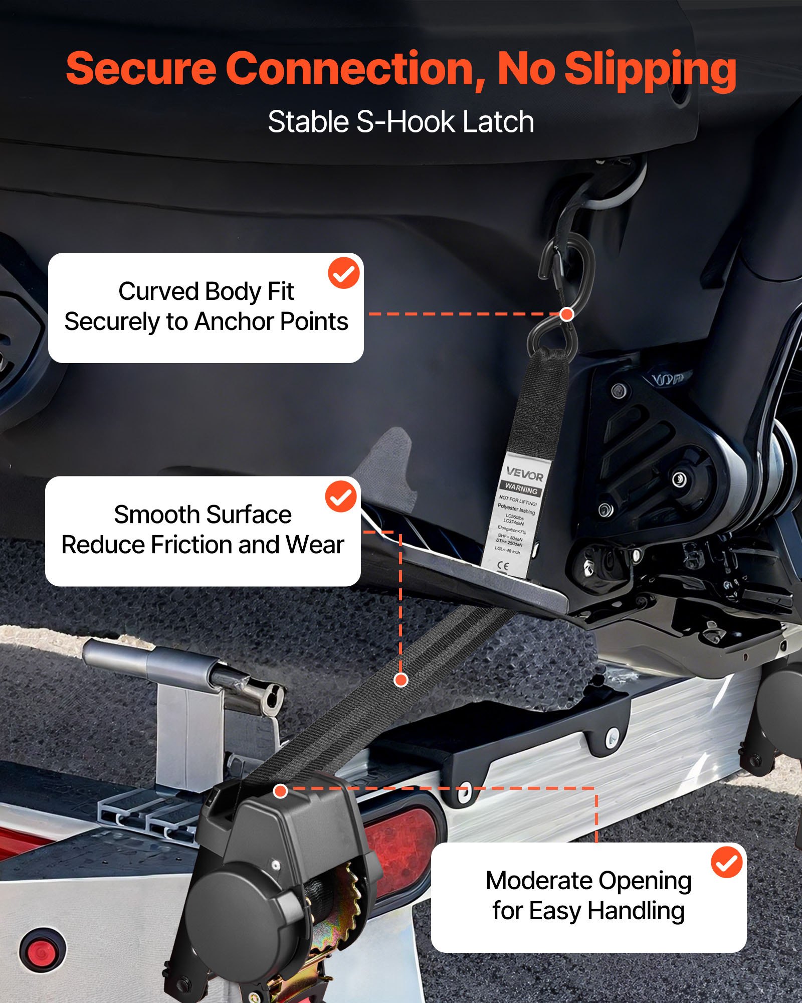 VEVOR Cinghie di Tensionamento per Pneumatici 44,45 x 1219,2 mm Cinghie con Cricchetto Gancio a S Resistenza alla Trazione di 748 kg Capacità di Carico di 250 kg, Sistema di Tensionamento per Moto