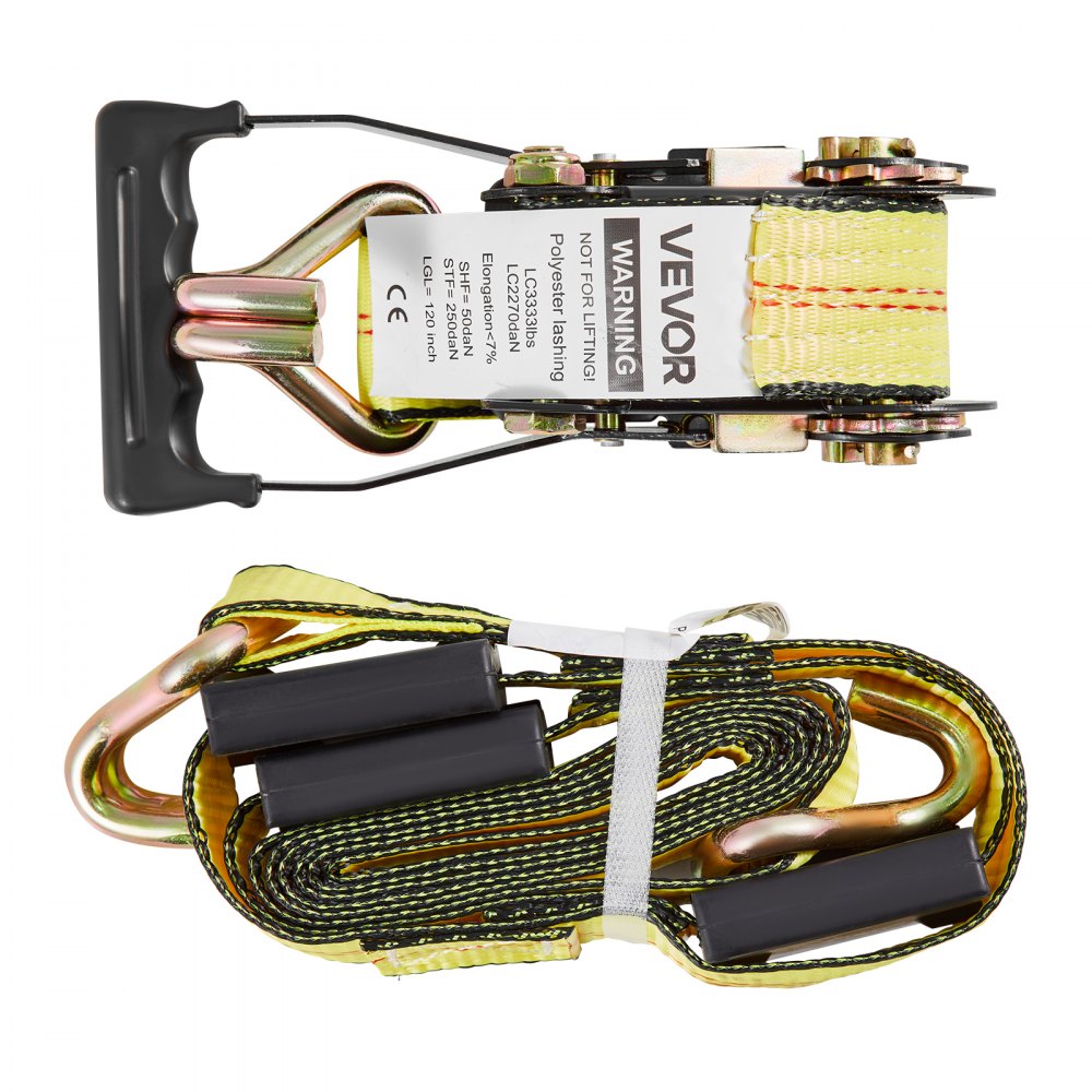 VEVOR Cinghie a Cricchetto di Fissaggio per Auto 50,8 x 3048 mm con Gancio a J e Resistenza alla Trazione di 4540 kg e Capacità di Carico di 1512 kg, Cinghia di Fissaggio per Pneumatici, Giallo