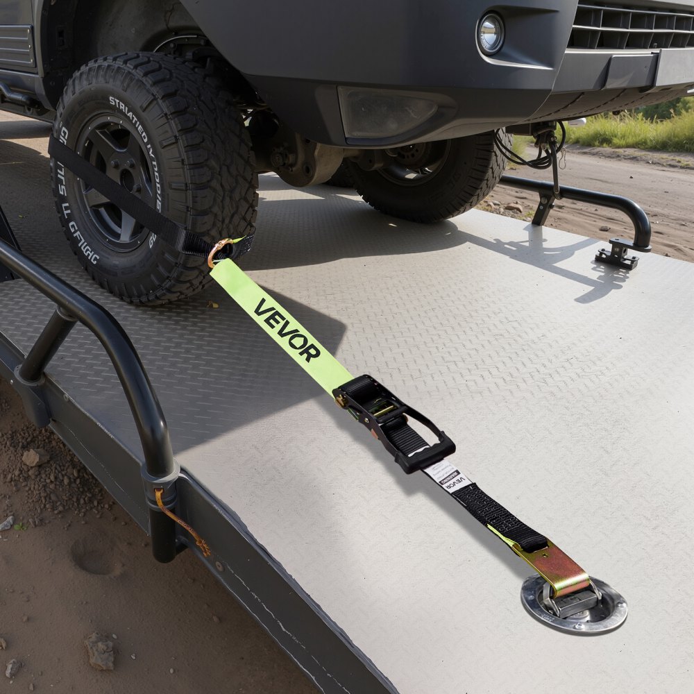 VEVOR Cinghie di Fissaggio per Ruote 50,8 x 3048 mm con Gancio Piatto Forza alla Trazione di 4540 kg, Sistema di Tensionamento per Pneumatici, Motociclette, SUV, Rimorchi, Nero
