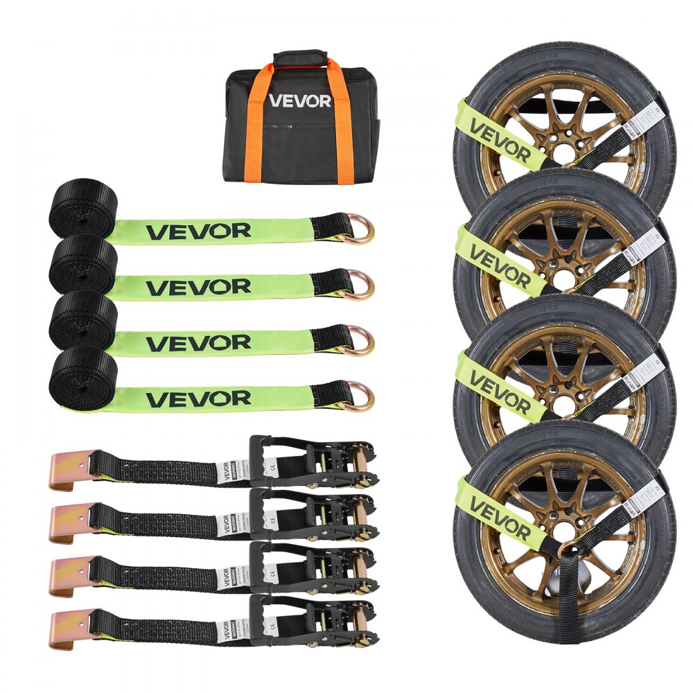 VEVOR Cinghie di Fissaggio per Ruote 50,8 x 3048 mm con Gancio Piatto Forza alla Trazione di 4540 kg, Sistema di Tensionamento per Pneumatici, Motociclette, SUV, Rimorchi, Nero