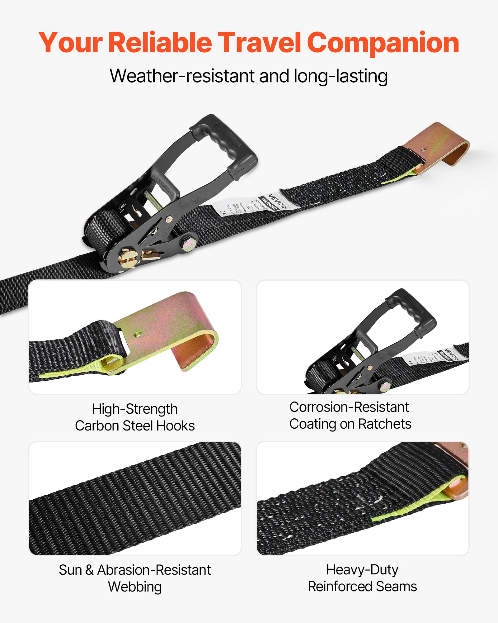 VEVOR Cinghie di Fissaggio per Ruote 50,8 x 3048 mm con Gancio Piatto Forza alla Trazione di 4540 kg, Sistema di Tensionamento per Pneumatici, Motociclette, SUV, Rimorchi, Nero