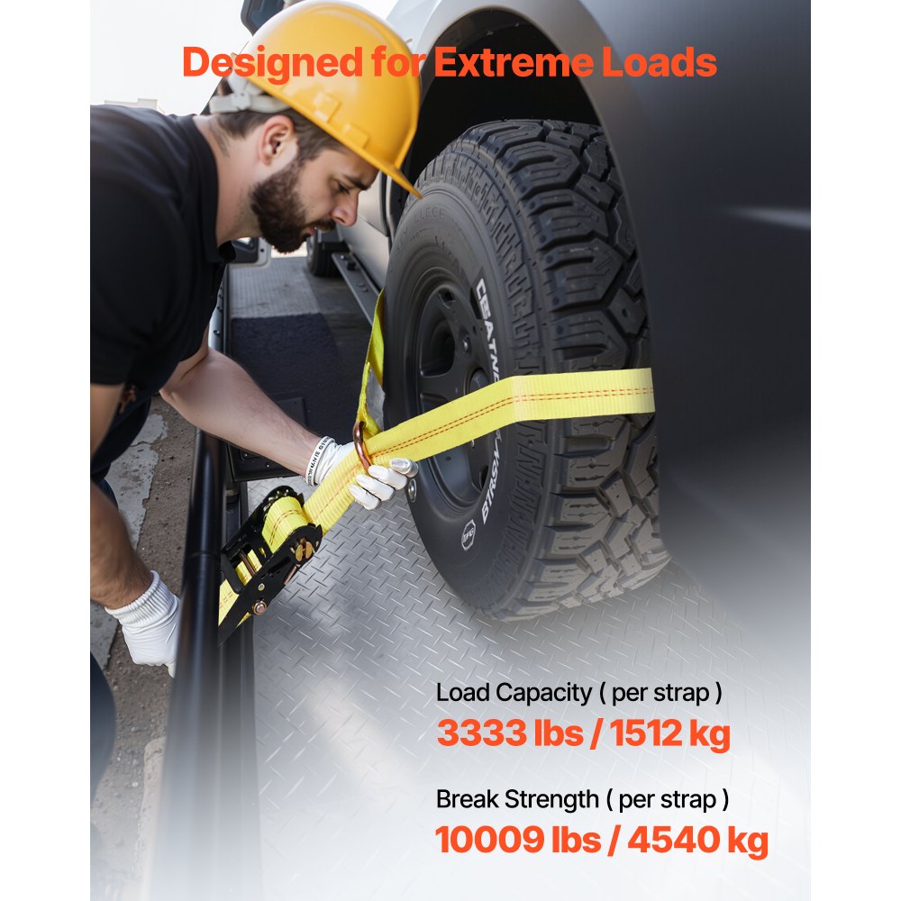 VEVOR Cinghie di Fissaggio per Ruote 50,8 x 3048 mm con Gancio Piatto Forza alla Trazione di 4540 kg Capacità di Carico di 1512 kg, Sistema di Tensionamento per Pneumatici, SUV Rimorchi, Gialla