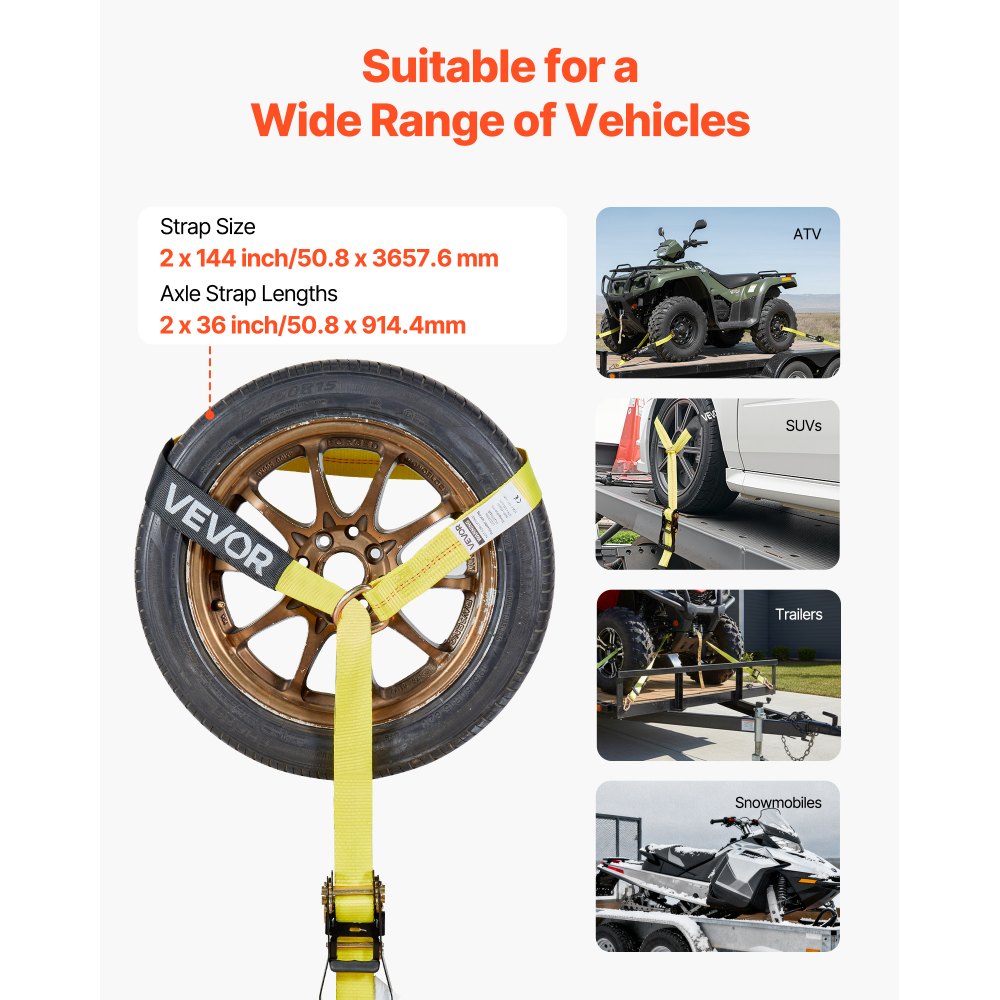 VEVOR Cinghie di Fissaggio per Pneumatici 50,8 x 2438,4 mm con Gancio a Molla Trazione max. 4540 kg Capacità di Carico da 1512 kg, Cinghie di Tensionamento per Pneumatici, Giallo