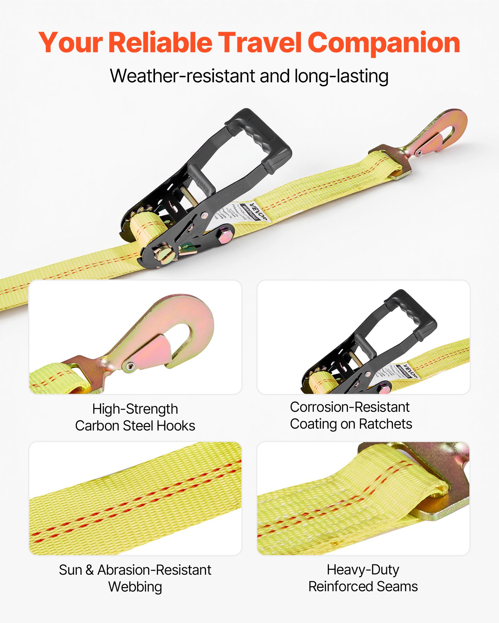 VEVOR Cinghie di Fissaggio per Pneumatici 50,8 x 2438,4 mm con Gancio a Molla Trazione max. 4540 kg Capacità di Carico da 1512 kg, Cinghie di Tensionamento per Pneumatici, Giallo