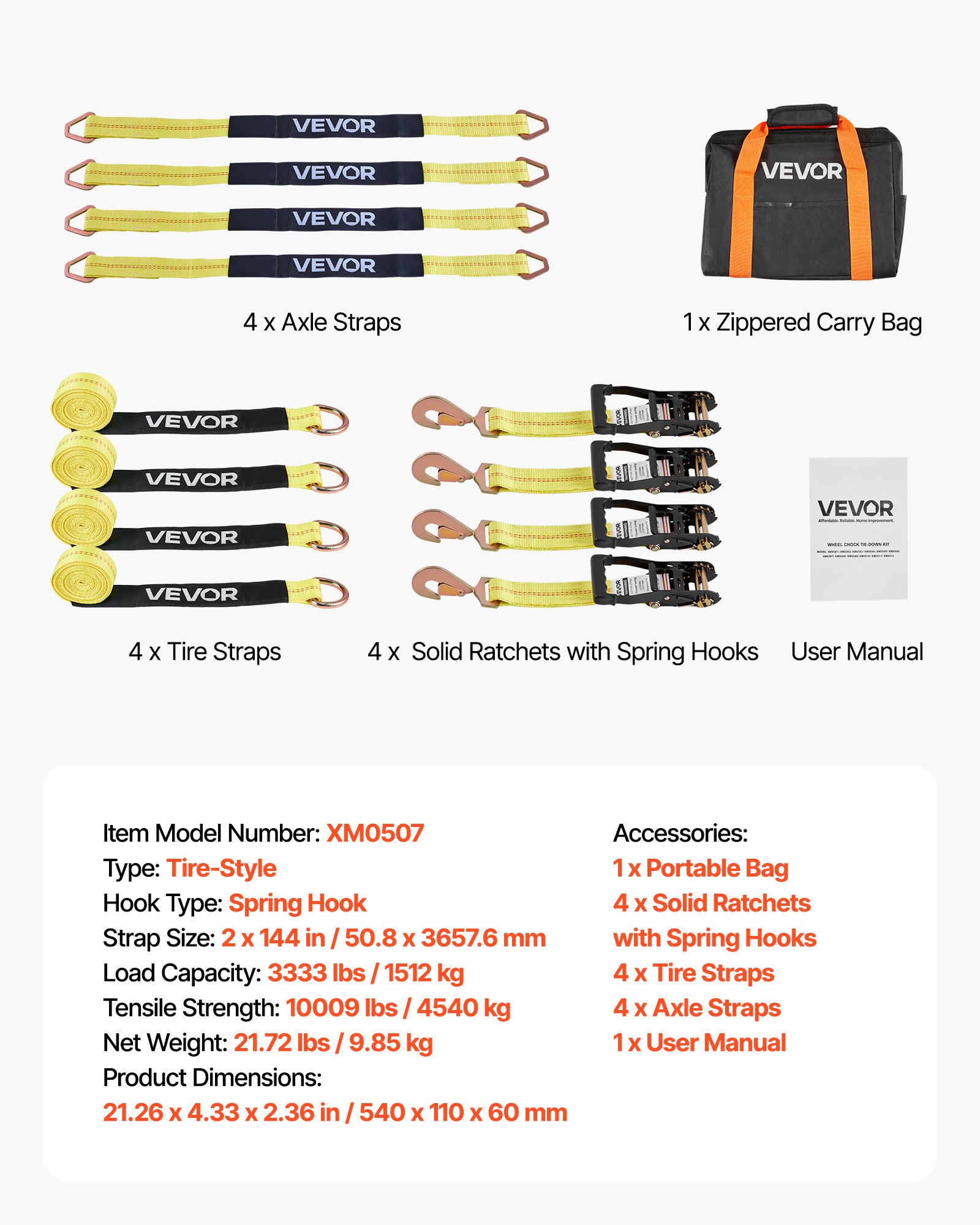 VEVOR Cinghie di Fissaggio per Pneumatici 50,8 x 2438,4 mm con Gancio a Molla Trazione max. 4540 kg Capacità di Carico da 1512 kg, Cinghie di Tensionamento per Pneumatici, Giallo