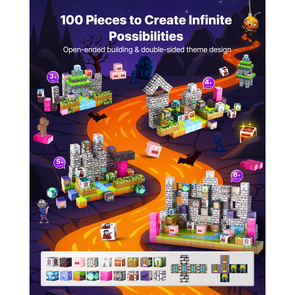 VEVOR Blocchi Magnetici, Set 100 PZ di Zombi del Cimitero, Cubi Magnetici da Costruzione per Bambini, Giocattoli Sensoriali STEM Montessori, Giocattolo da Costruzione Impilabile per Bambini