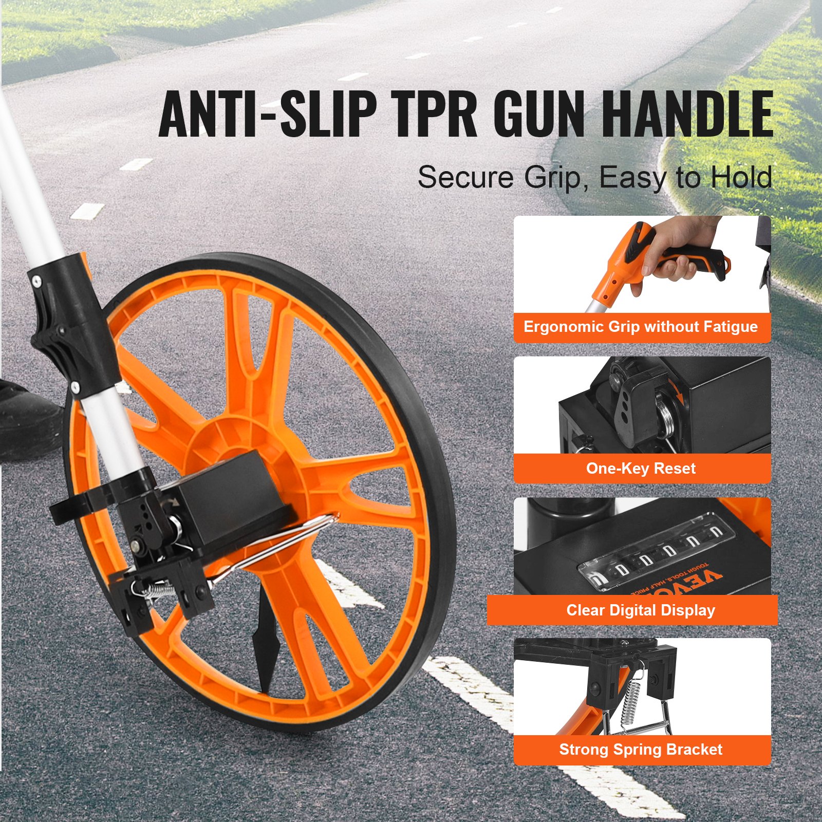 VEVOR Ruota di Misurazione Diametro da 317,5 mm Contachilometri a Distanza da 99999,9 piedi, Ruota di Misurazione Impugnatura Pieghevole Regolabile tra 100-40cm Misuratore Stradale Conteggio Meccanico