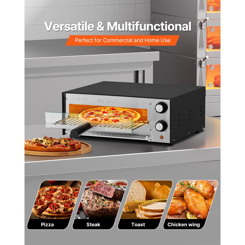 VEVOR Forno Elettrico per Pizza da 12 pollici, Forno per Pizza da Cucina 1450 W max. 300 °C, Controllo del Tempo e della Temperatura, Ripiano Singolo, Grill Multifunzione 462x395x185 mm, Nero