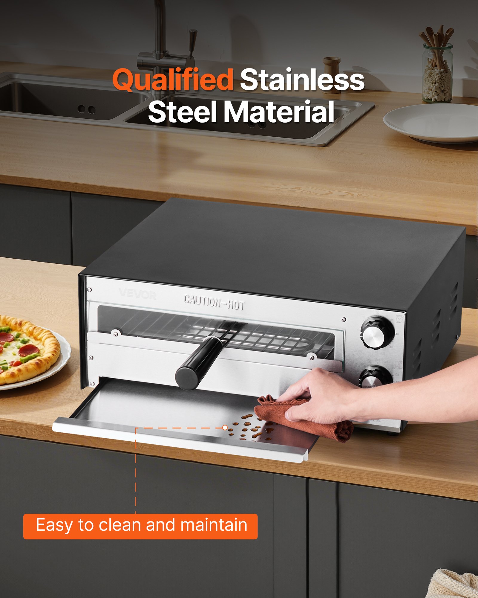 VEVOR Forno Elettrico per Pizza da 12 pollici, Forno per Pizza da Cucina 1450 W max. 300 °C, Controllo del Tempo e della Temperatura, Ripiano Singolo, Grill Multifunzione 462x395x185 mm, Nero