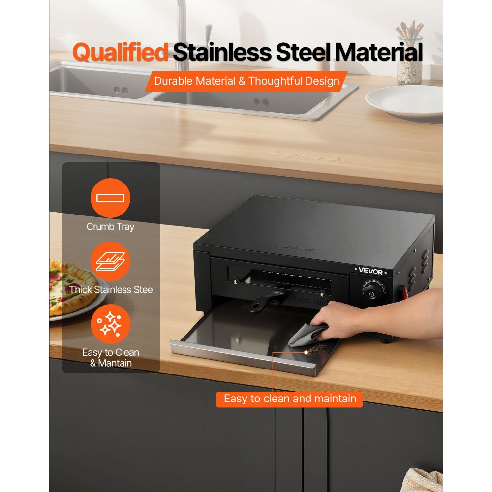 VEVOR Electric Pizza Oven, 304.8mm Countertop Pizza Oven, 25 to 300℃ Temp Range, 1450W Indoor Pizzas Maker w/Timing & Temp Control, Pizzas Cooker w/Dual Heat Tube, Grill Rack, for Kitchen & Commercial