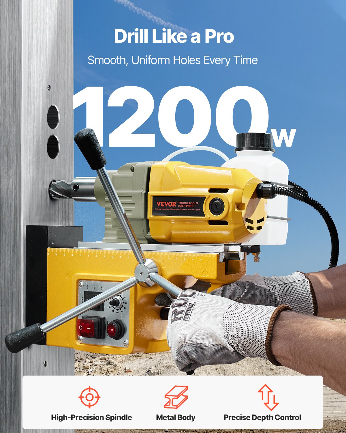 VEVOR Trapano Magnetico, Motore da 1200 W Trapano a Colonna Elettrico Magnetico 12500 N Diametro di Foratura di 40 mm con 2 Punte per Carotaggio, Velocità Variabile, per Superfici Metalliche, Giallo